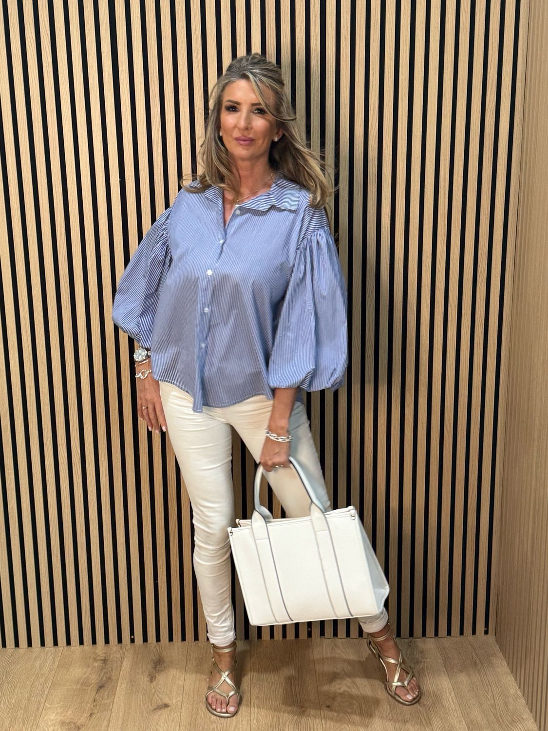 Stripe Balloon Sleeve Shirt - Blue