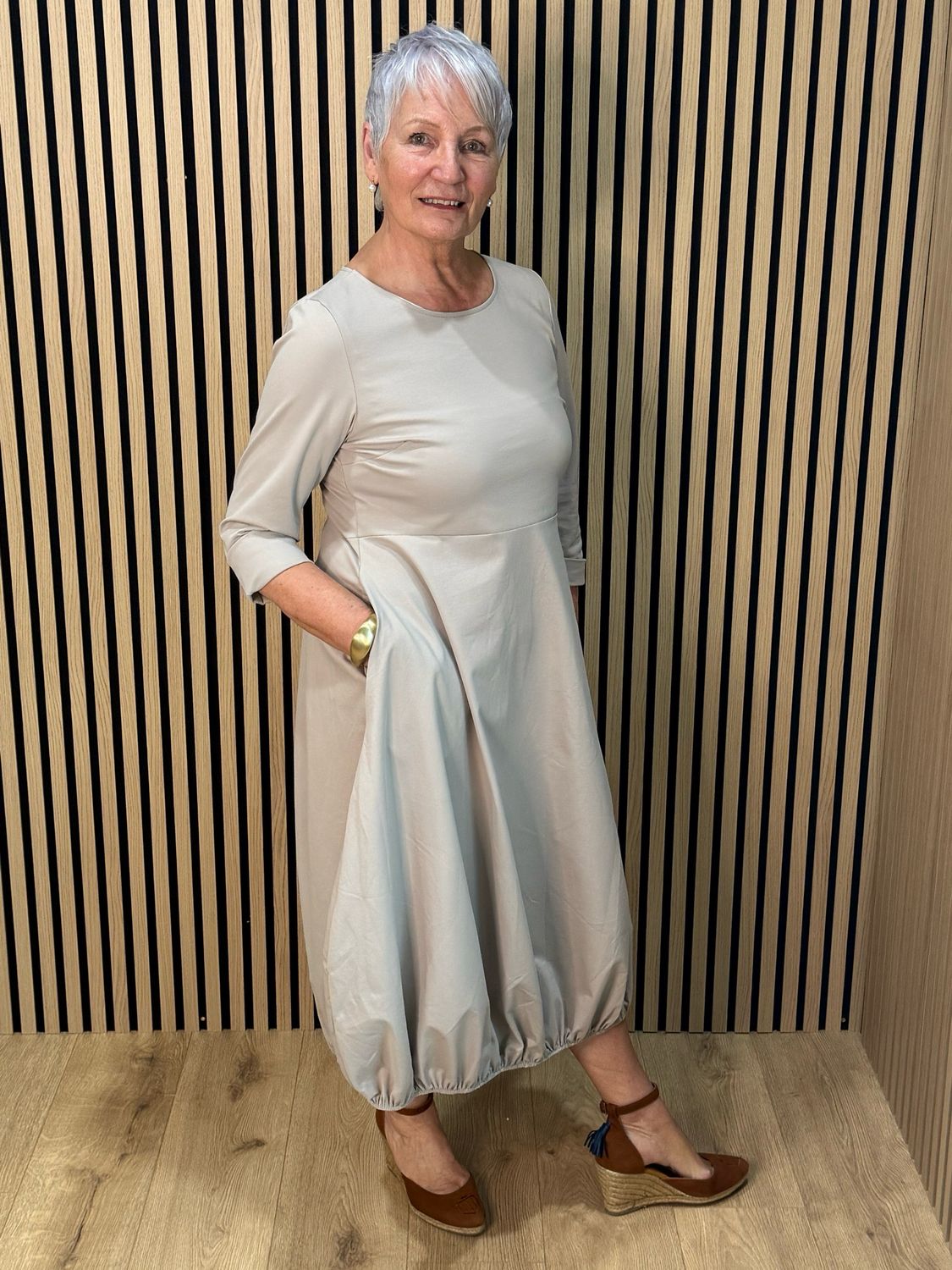 Balloon Hem Midi Dress - Stone