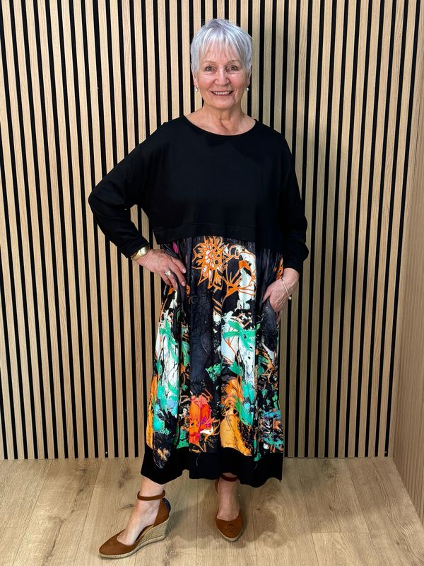 Abstract Print Midi Dress - Black/Multi