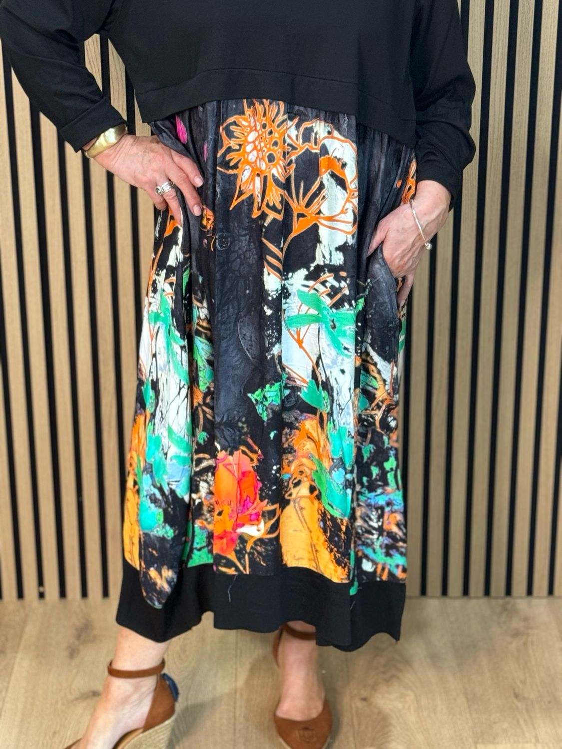 Abstract Print Midi Dress - Black/Multi