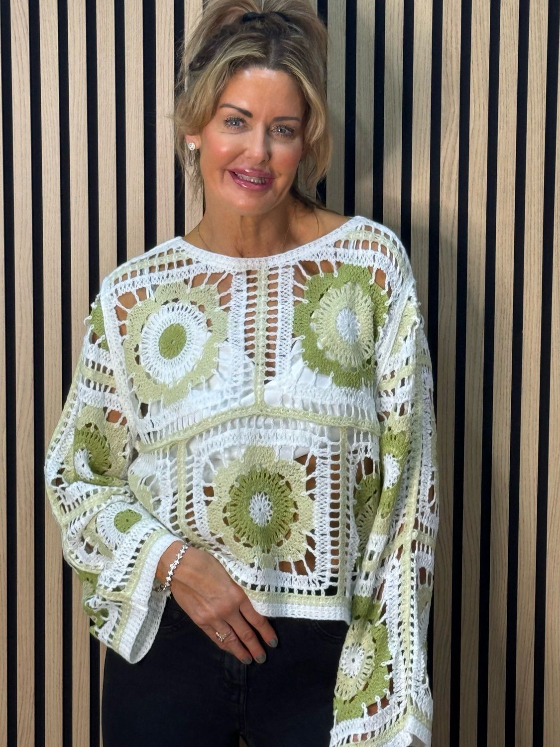 Crochet Floral Cotton Top - White/Green