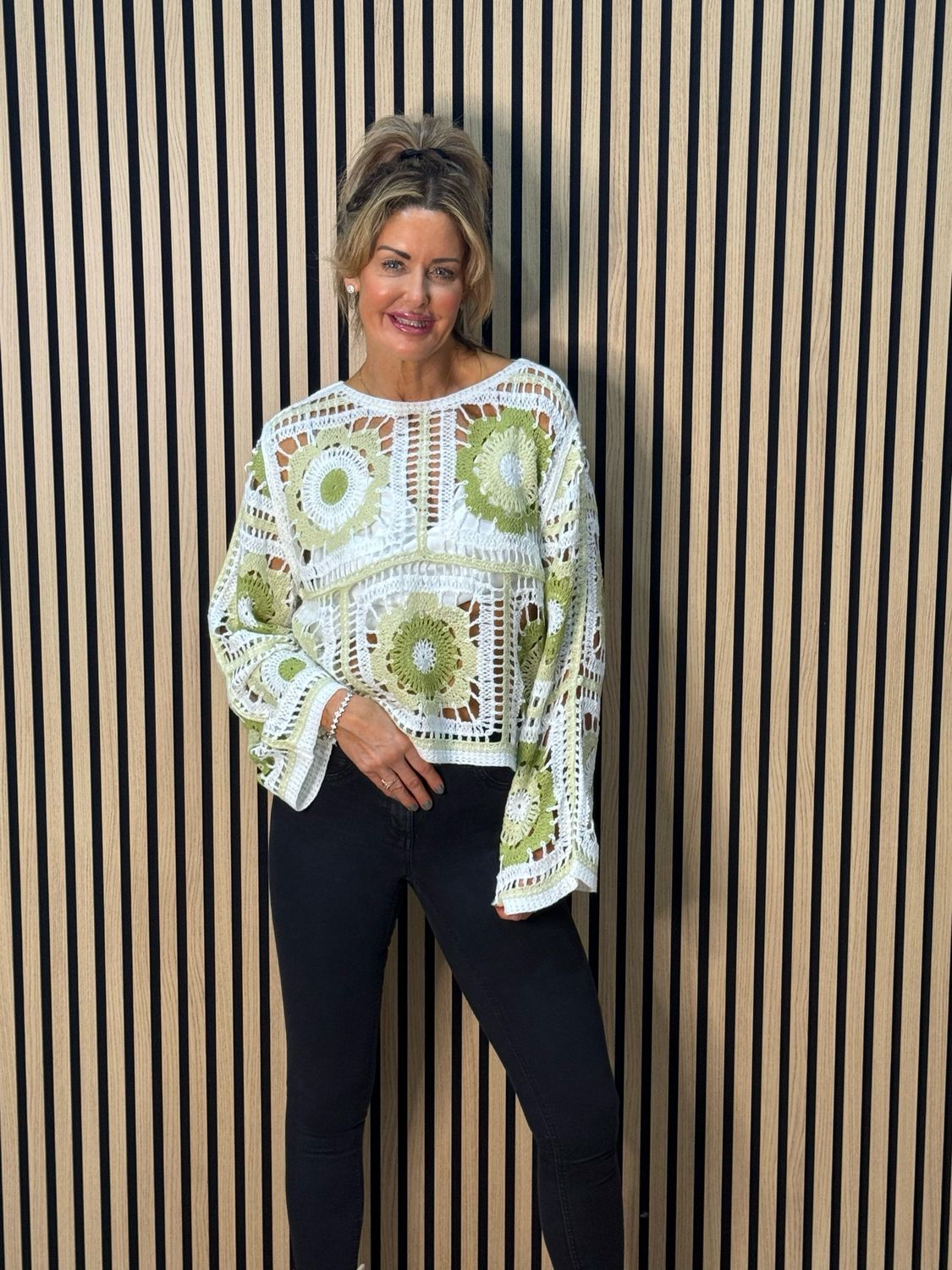 Crochet Floral Cotton Top - White/Green