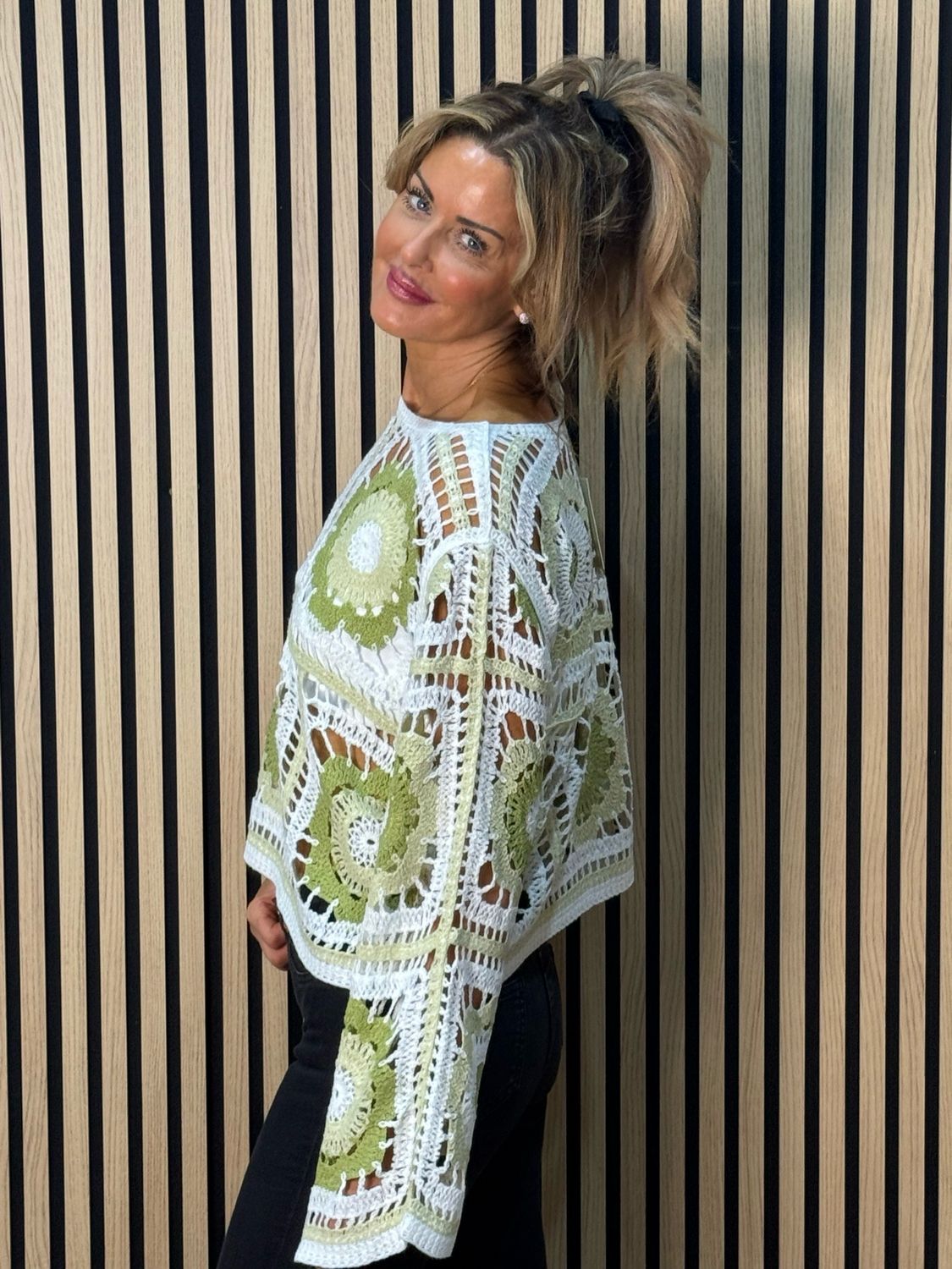 Crochet Floral Cotton Top - White/Green