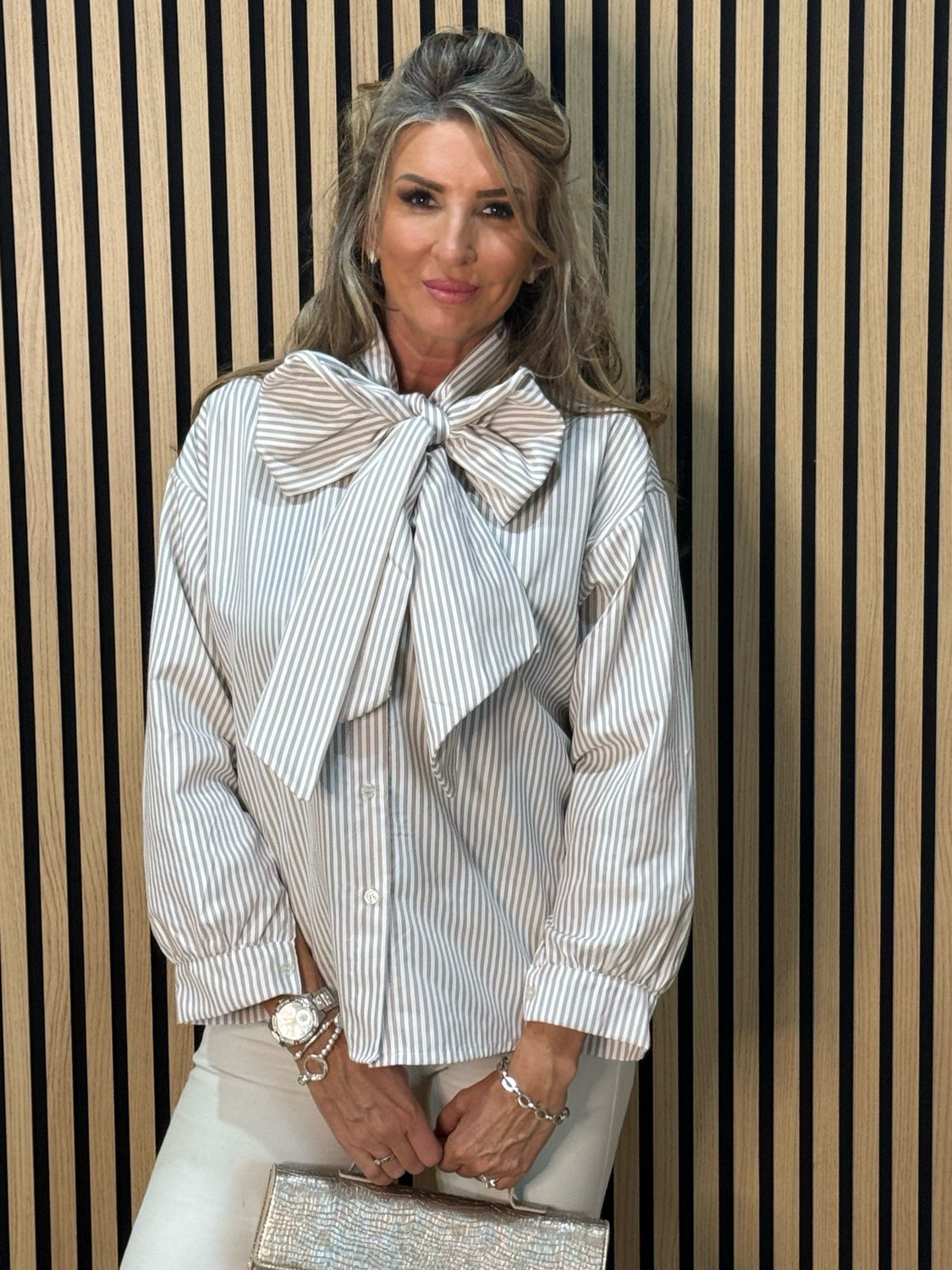 Stripe Bow Detail Blouse - White/Beige