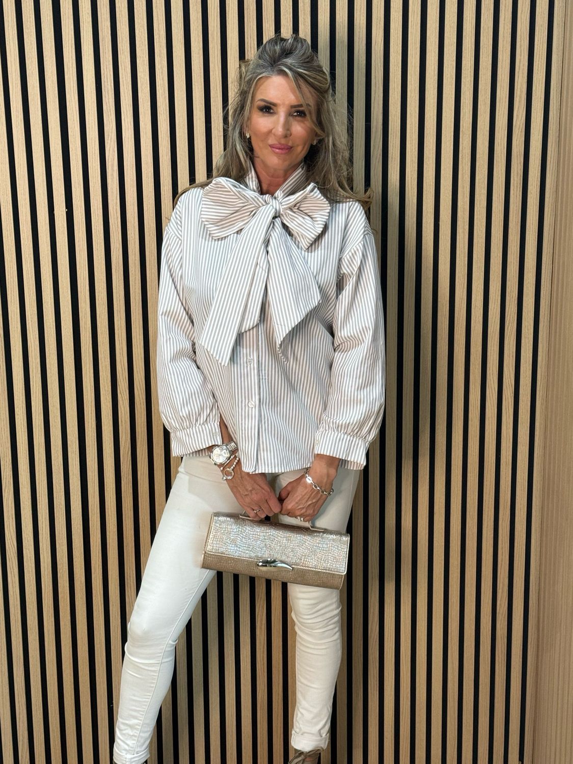 Stripe Bow Detail Blouse - White/Beige