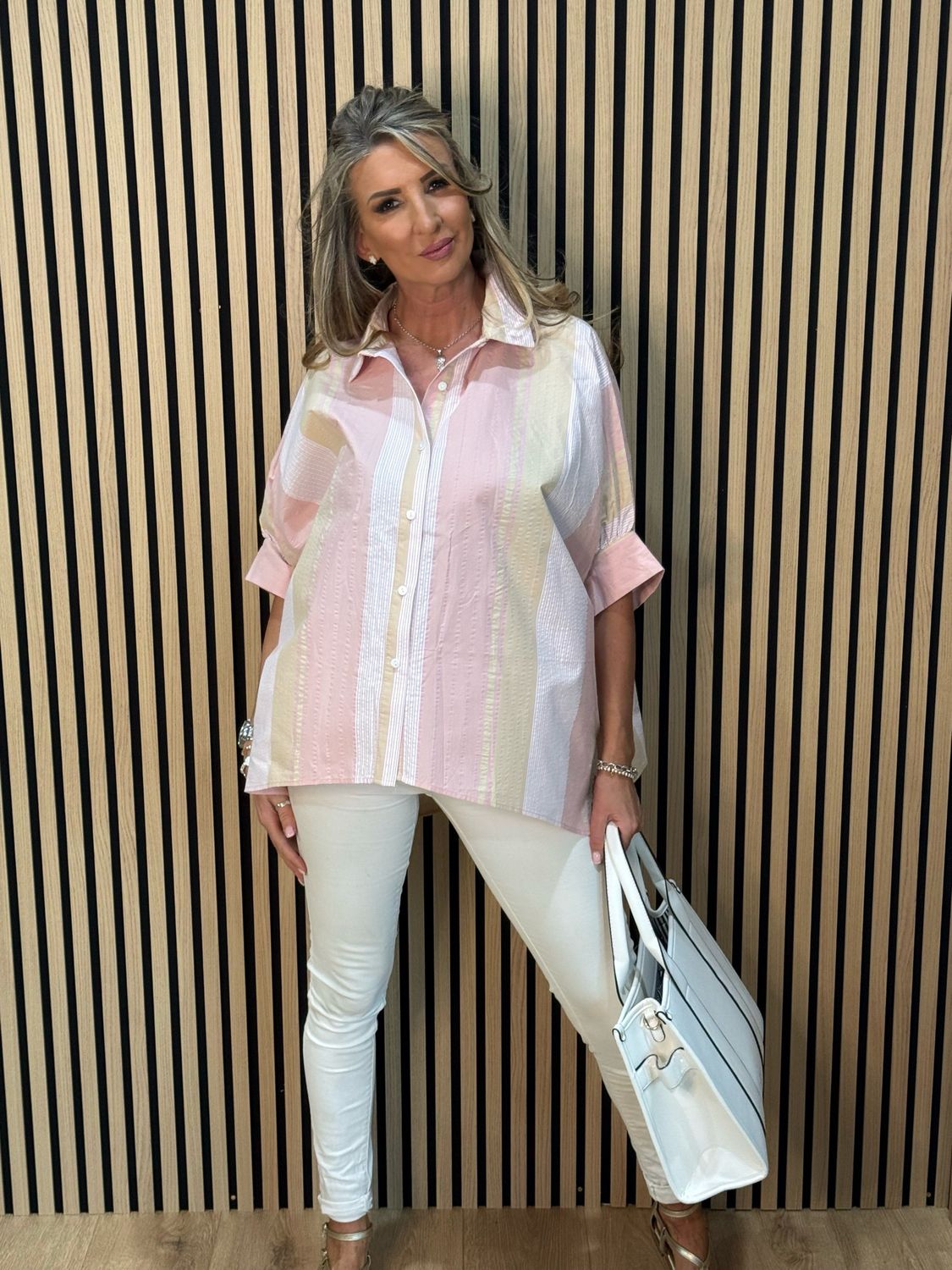 Pastel Stripe Oversized Shirt - Pink Mix