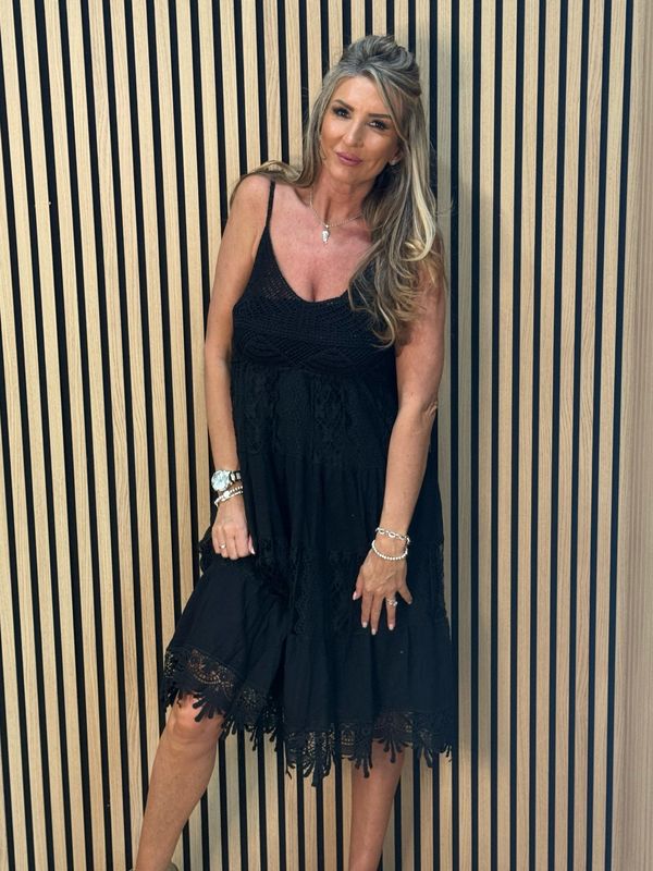 Lace Crochet Cotton Dress - Black
