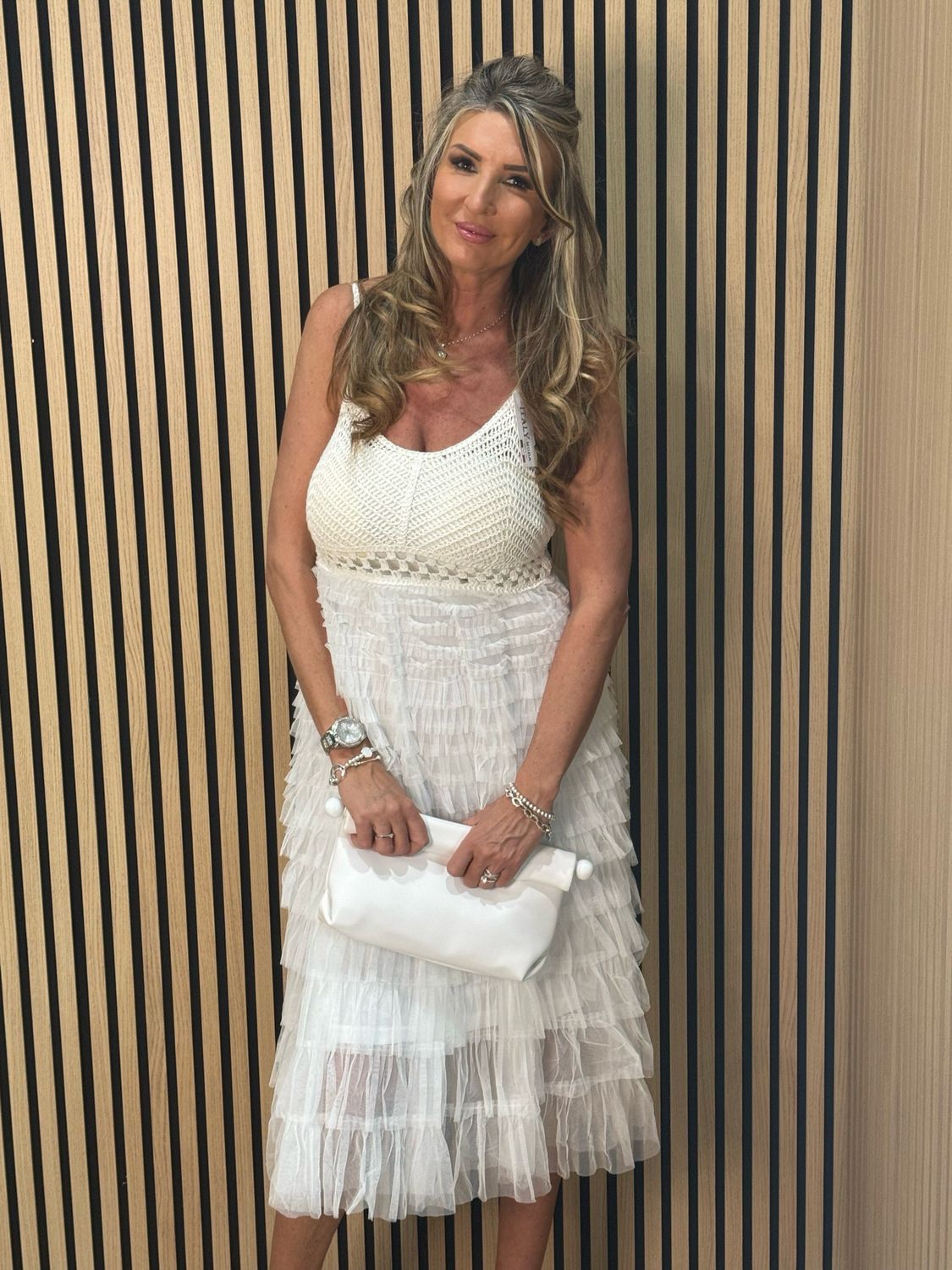 Crochet &amp; Tiered Tulle Midi Dress