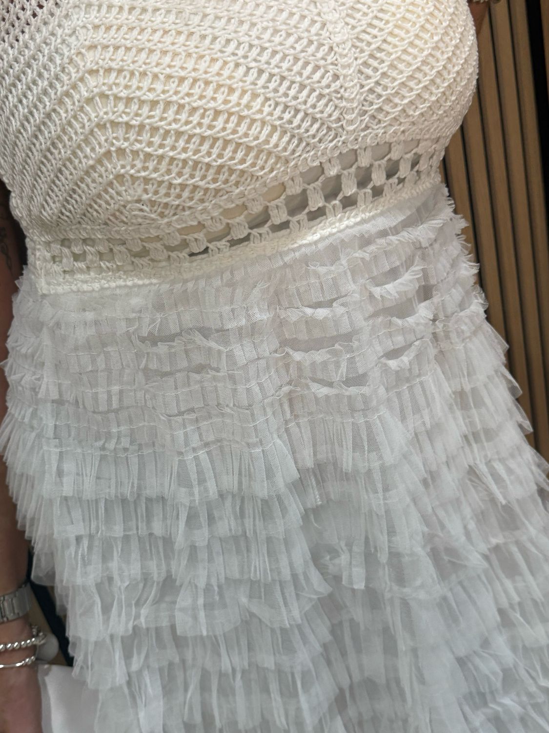 Crochet &amp; Tiered Tulle Midi Dress