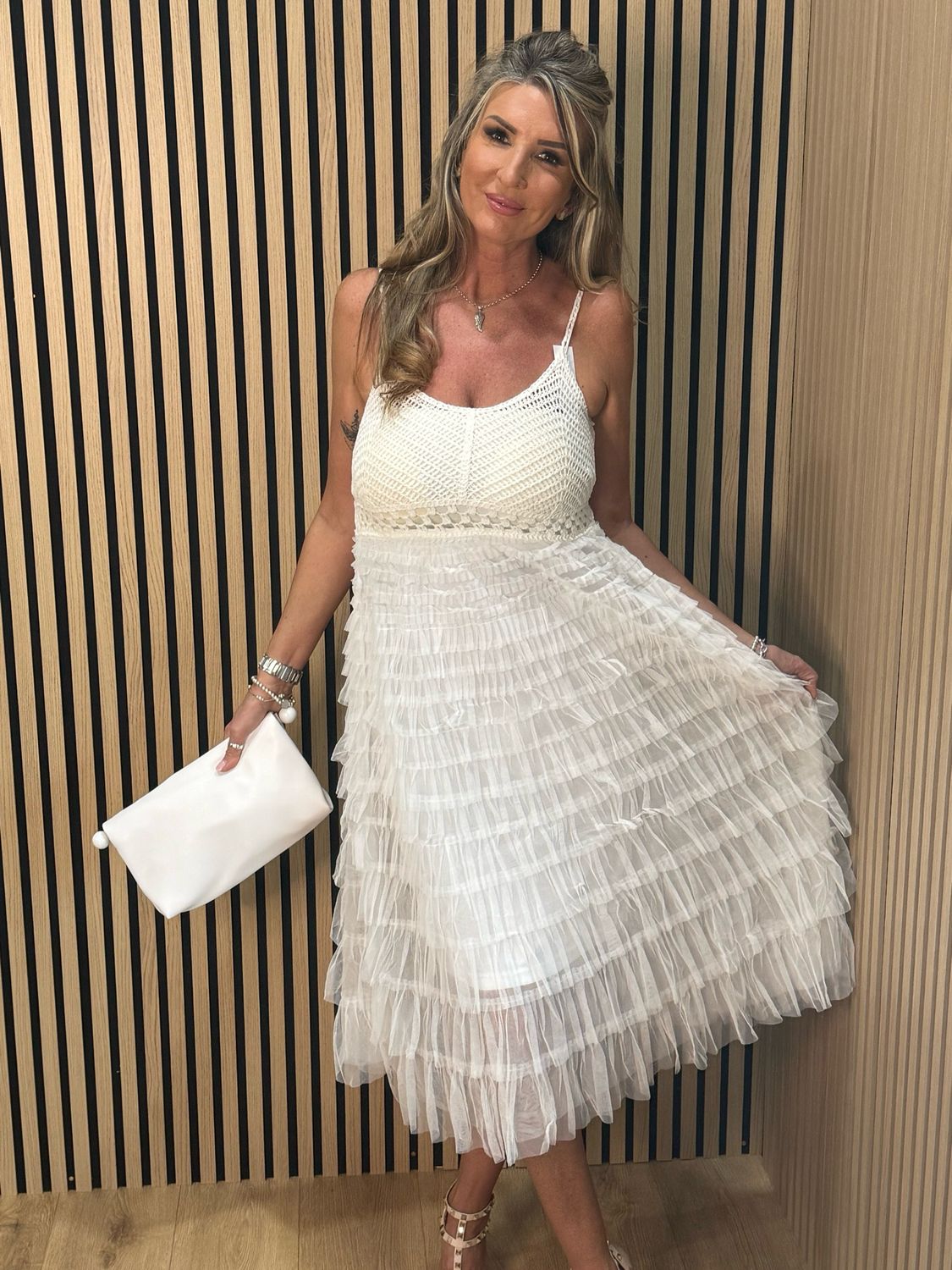 Crochet &amp; Tiered Tulle Midi Dress