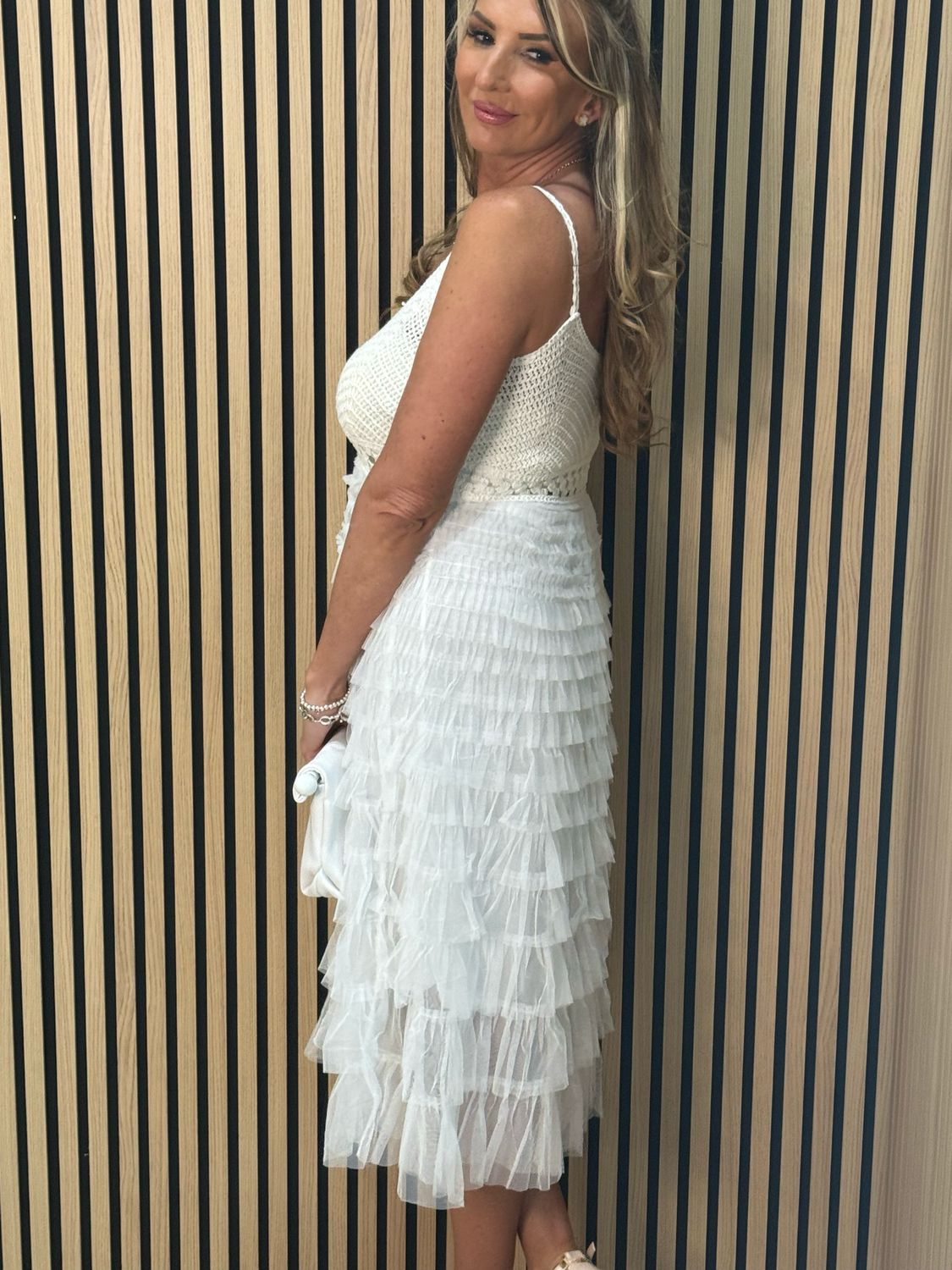 Crochet &amp; Tiered Tulle Midi Dress