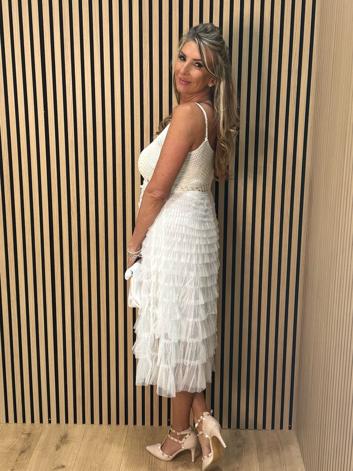 Crochet &amp; Tiered Tulle Midi Dress