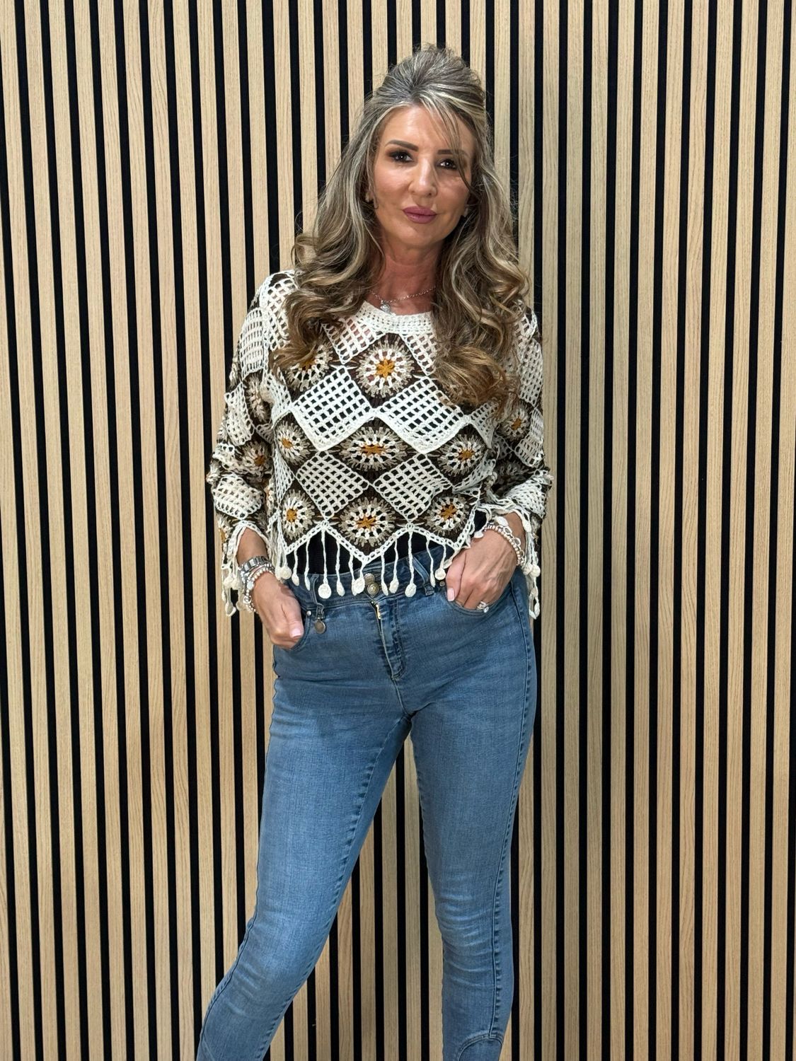 Boho Crochet Tassel Top - Cream/Brown