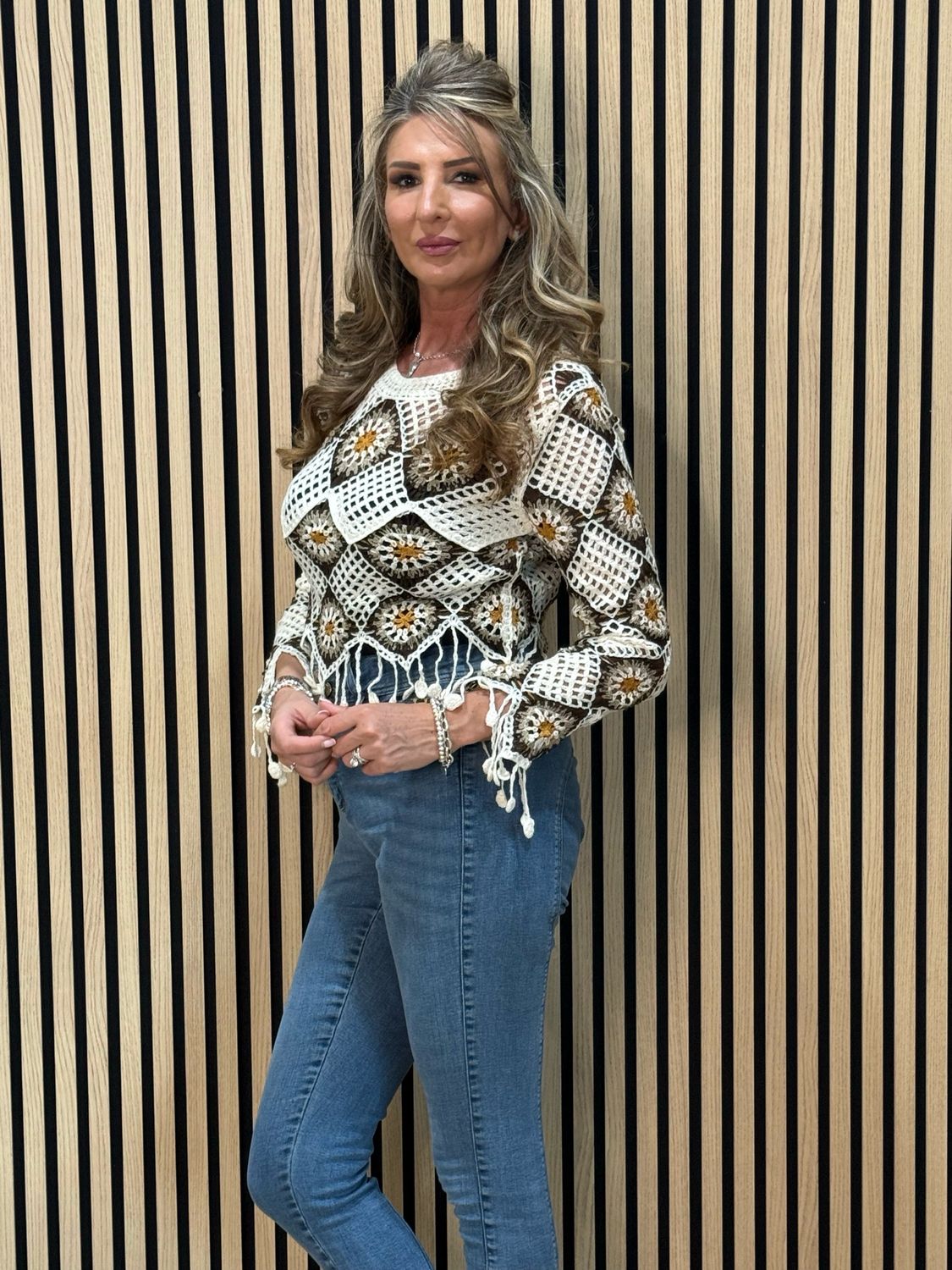 Boho Crochet Tassel Top - Cream/Brown