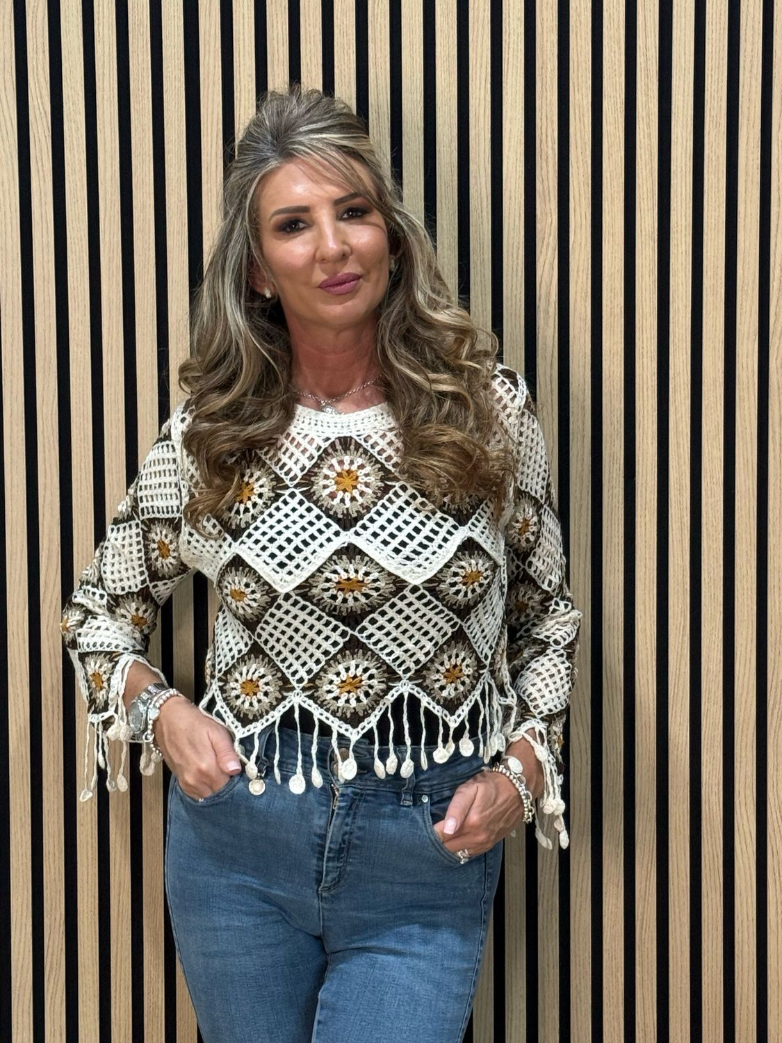 Boho Crochet Tassel Top - Cream/Brown