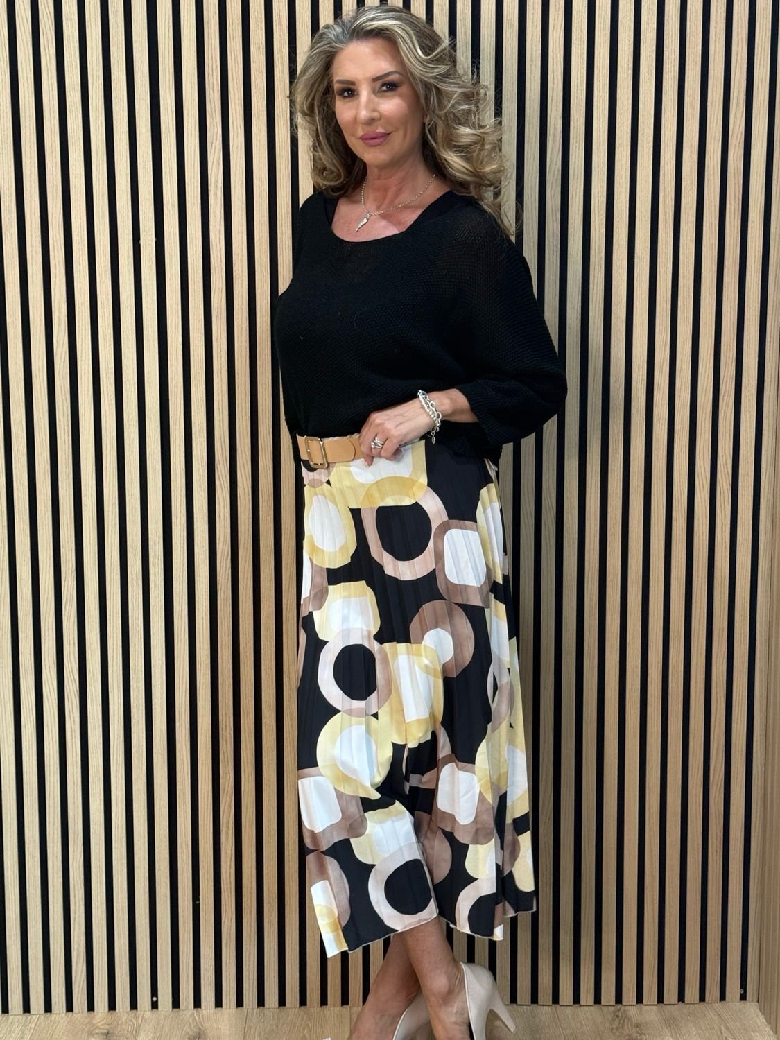 Retro Print Pleated Midi Skirt