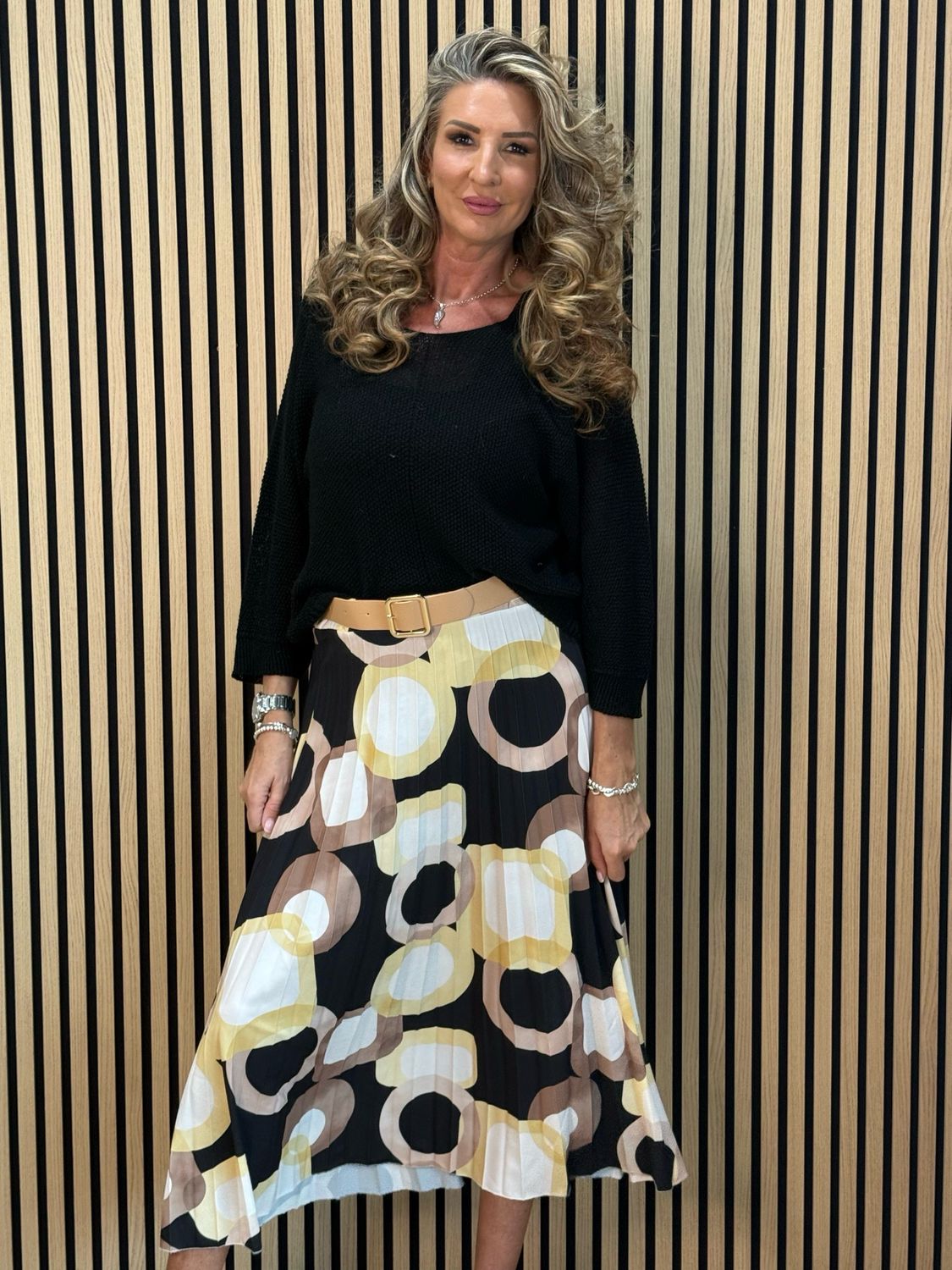 Retro Print Pleated Midi Skirt