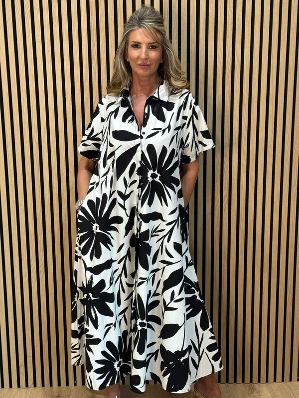 Monochrome Bloom Shirt Dress - Black/White