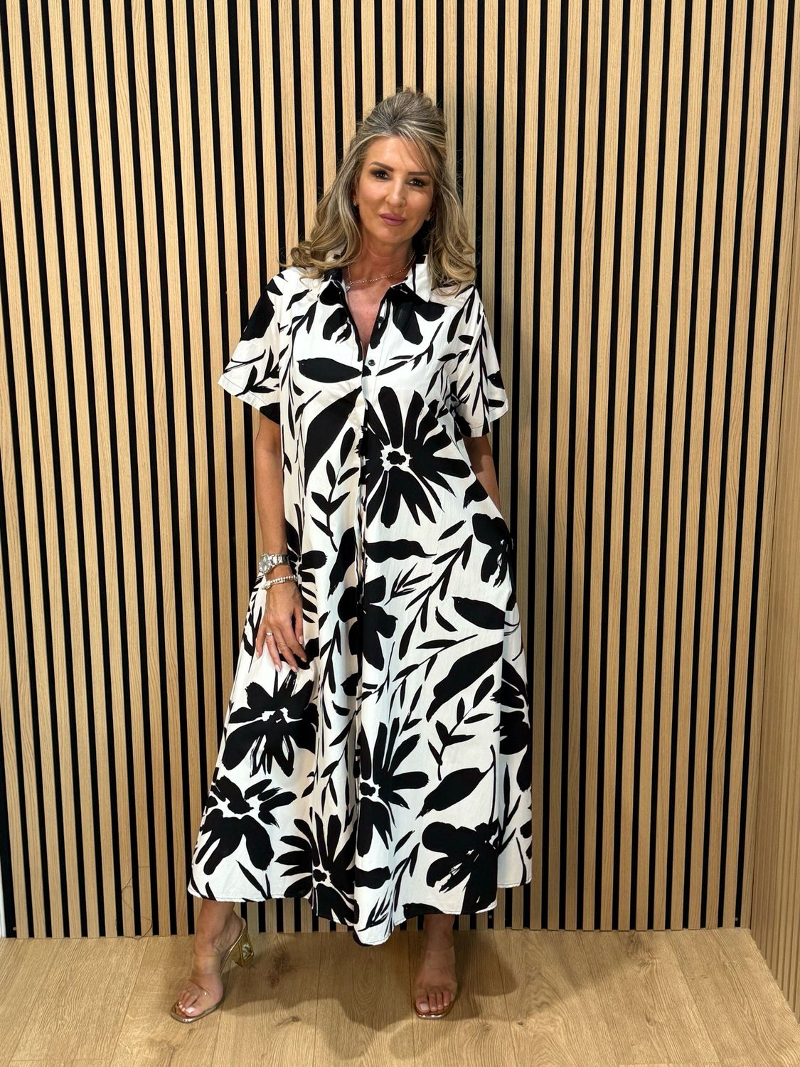 Monochrome Bloom Shirt Dress - Black/White