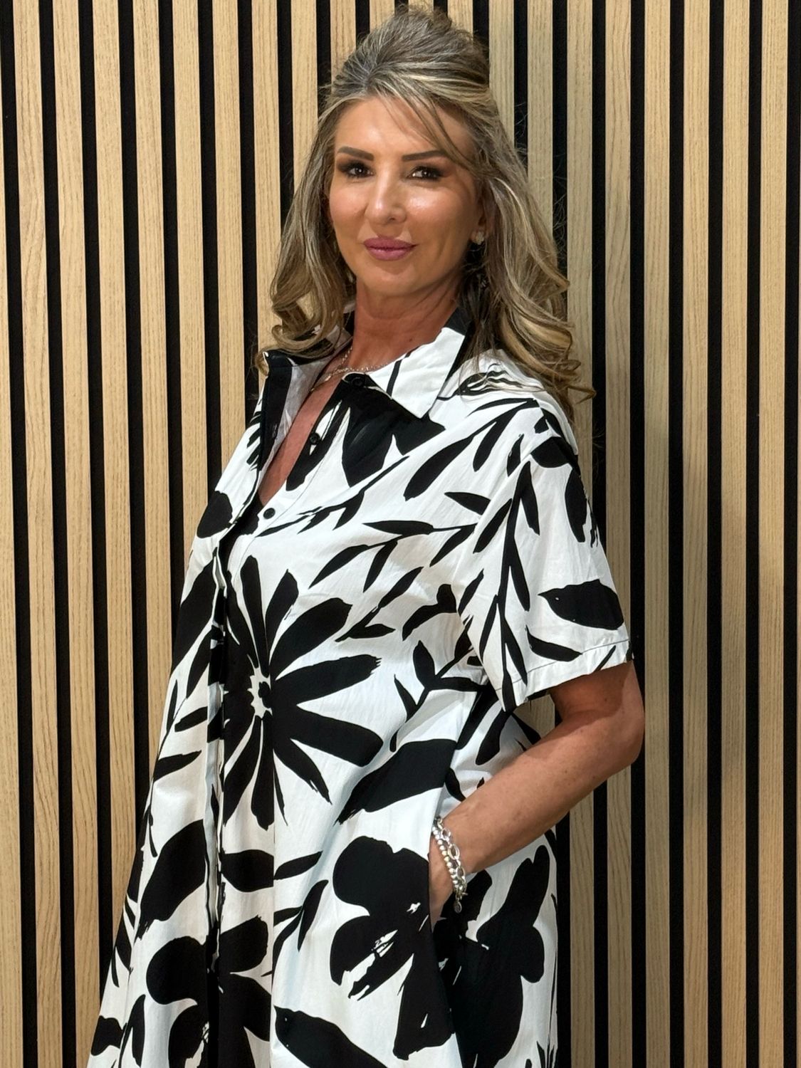 Monochrome Bloom Shirt Dress - Black/White