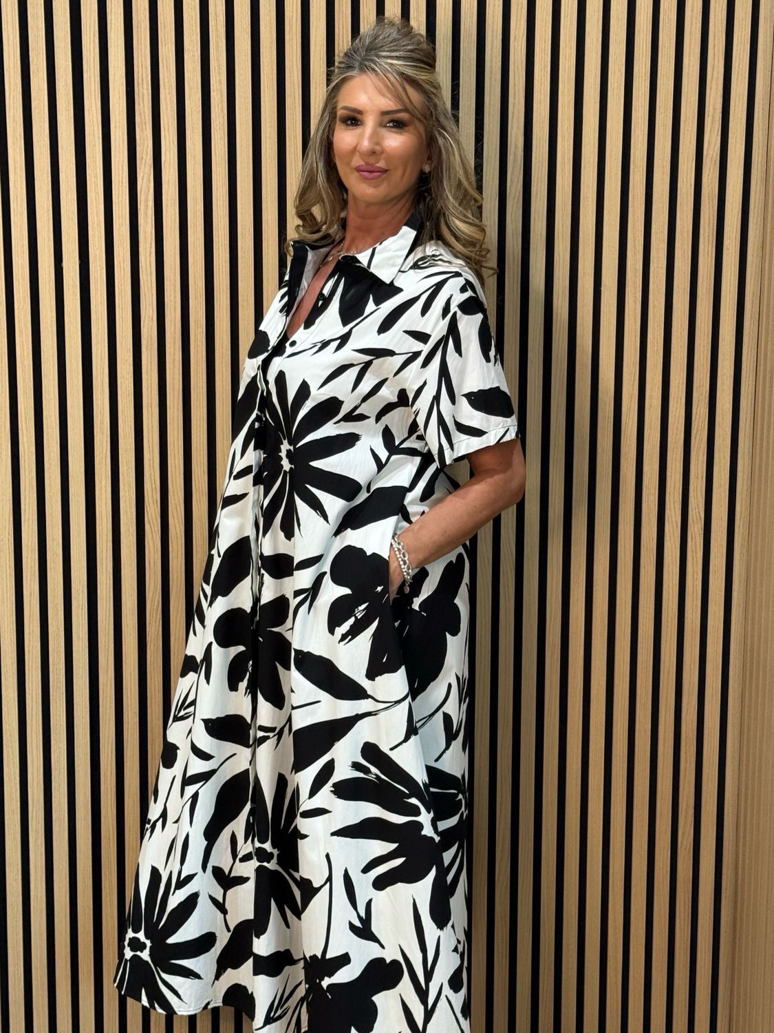 Monochrome Bloom Shirt Dress - Black/White