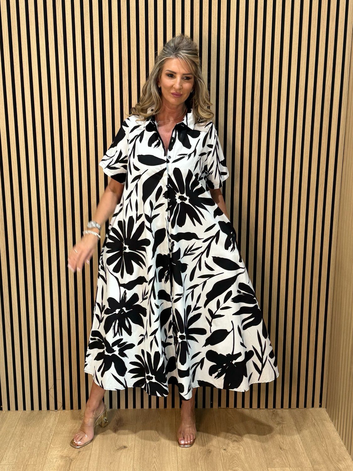 Monochrome Bloom Shirt Dress - Black/White