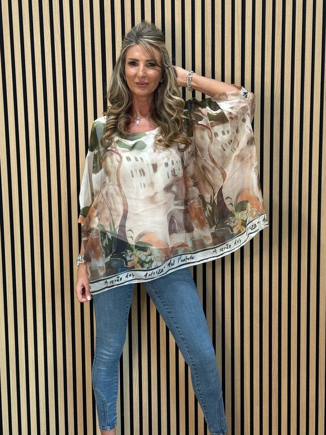 Cote D Azur Printed Oversized Top - Cream/Khaki