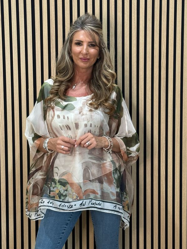 Cote D Azur Printed Oversized Top - Cream/Khaki