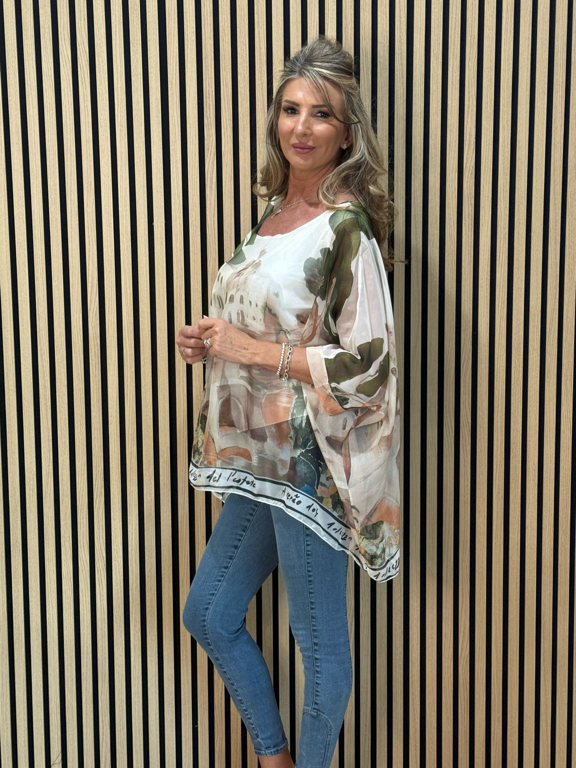 Cote D Azur Printed Oversized Top - Cream/Khaki