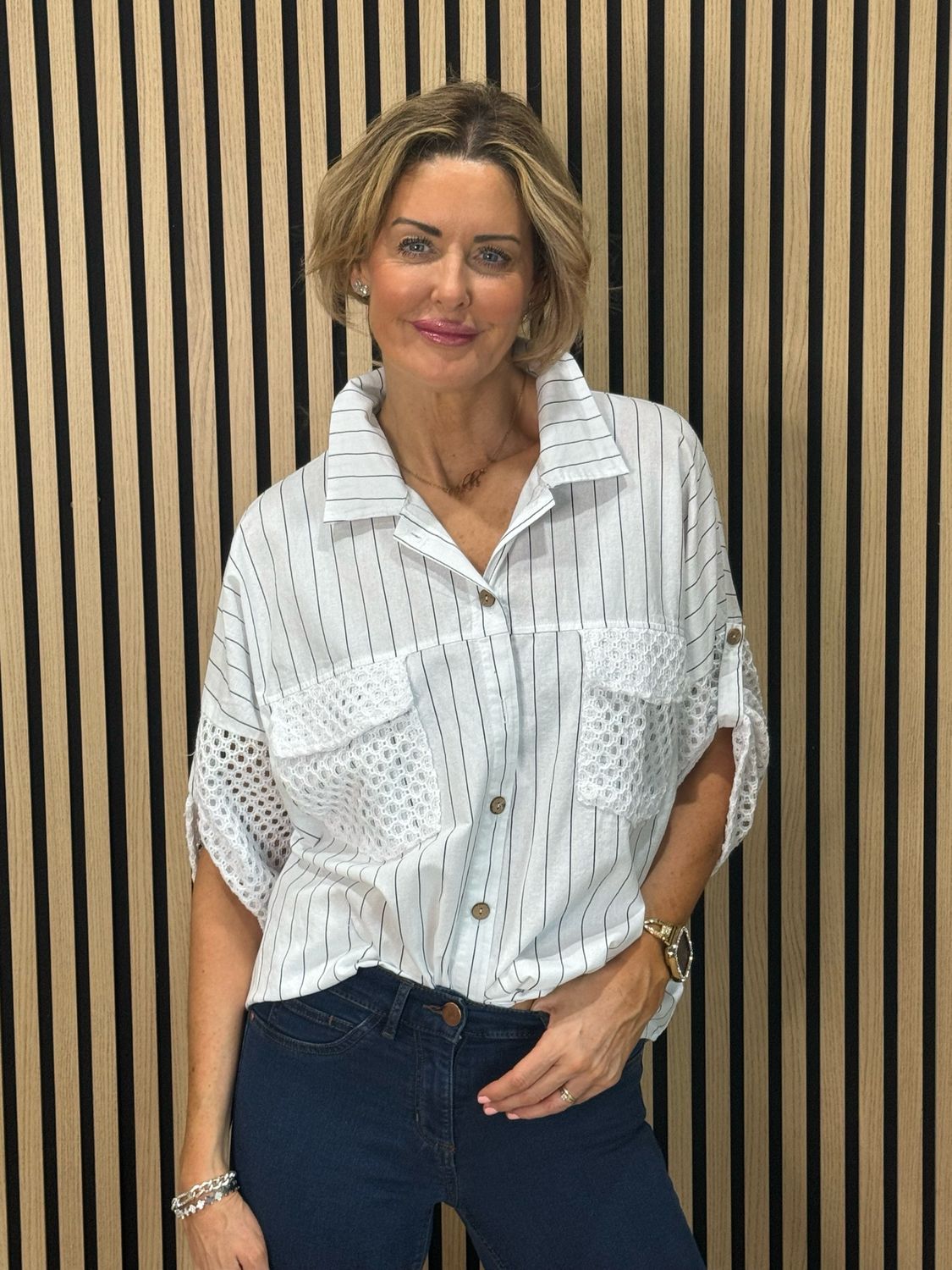 Pinstripe Crochet Detail Cotton Top - White