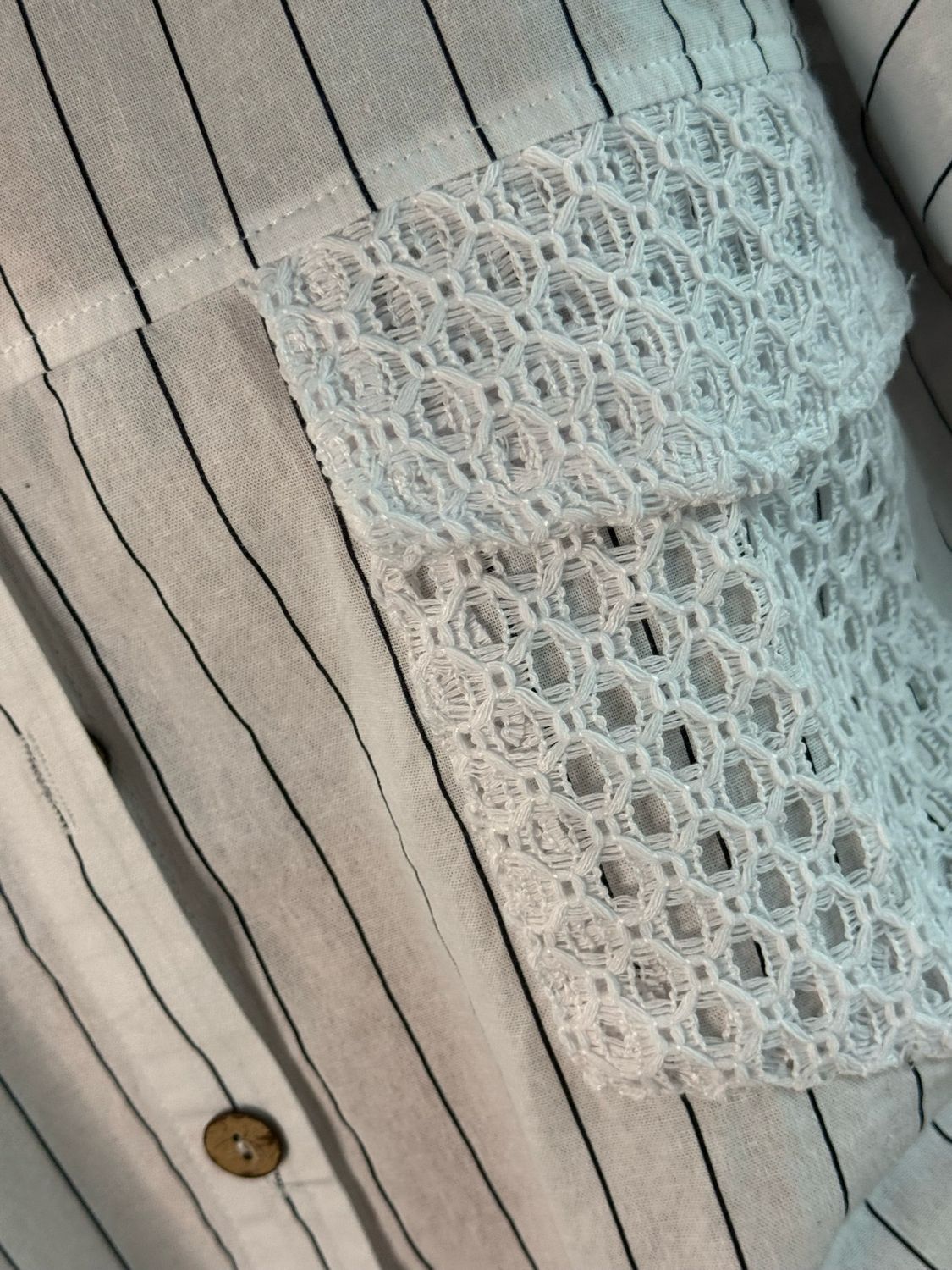 Pinstripe Crochet Detail Cotton Top - White