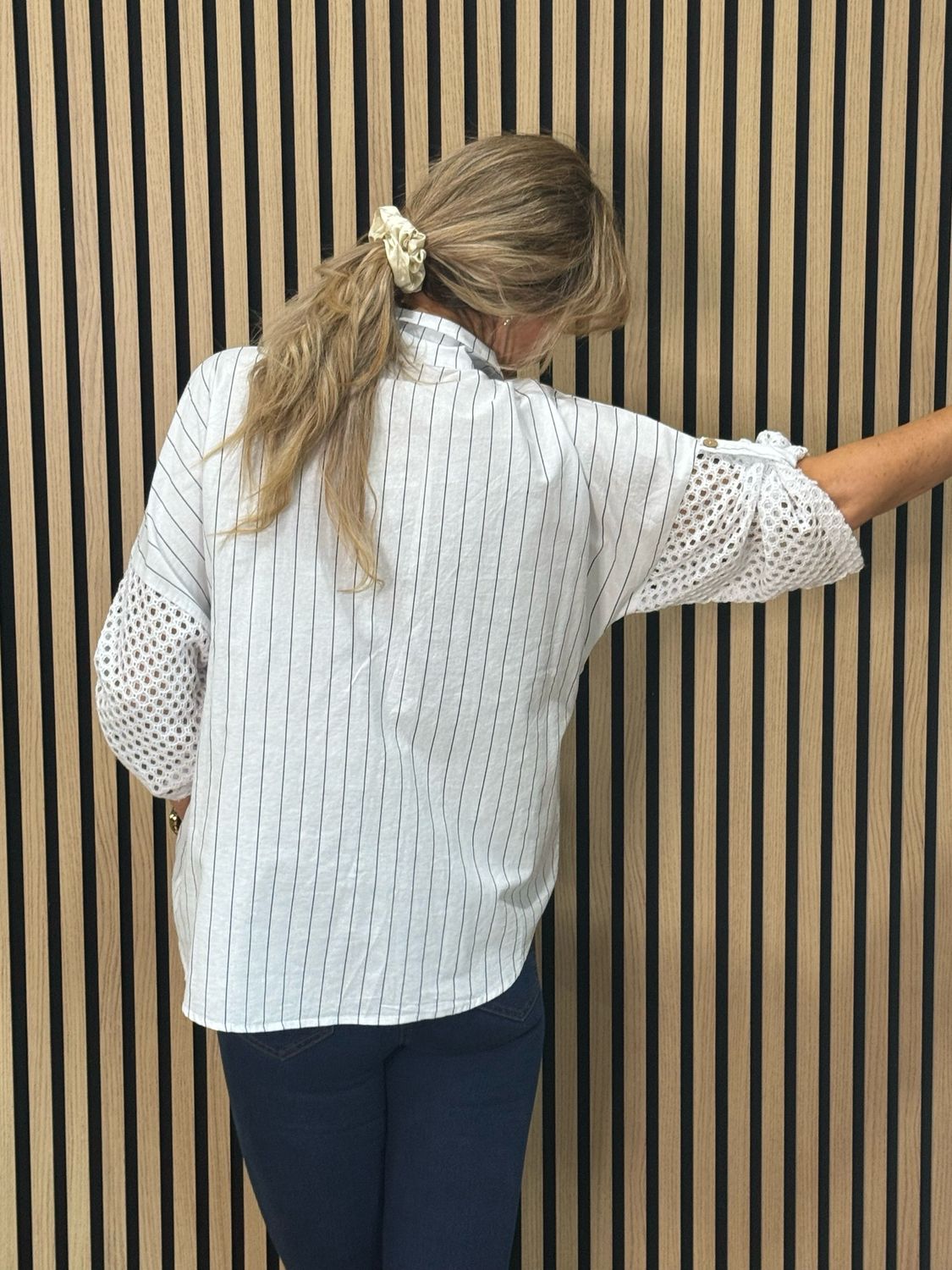 Pinstripe Crochet Detail Cotton Top - White