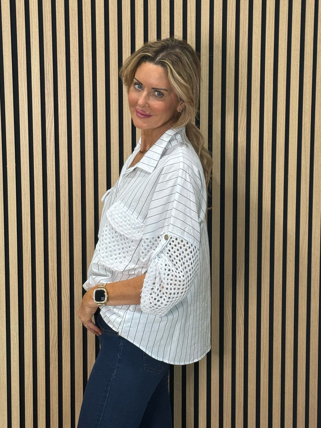 Pinstripe Crochet Detail Cotton Top - White