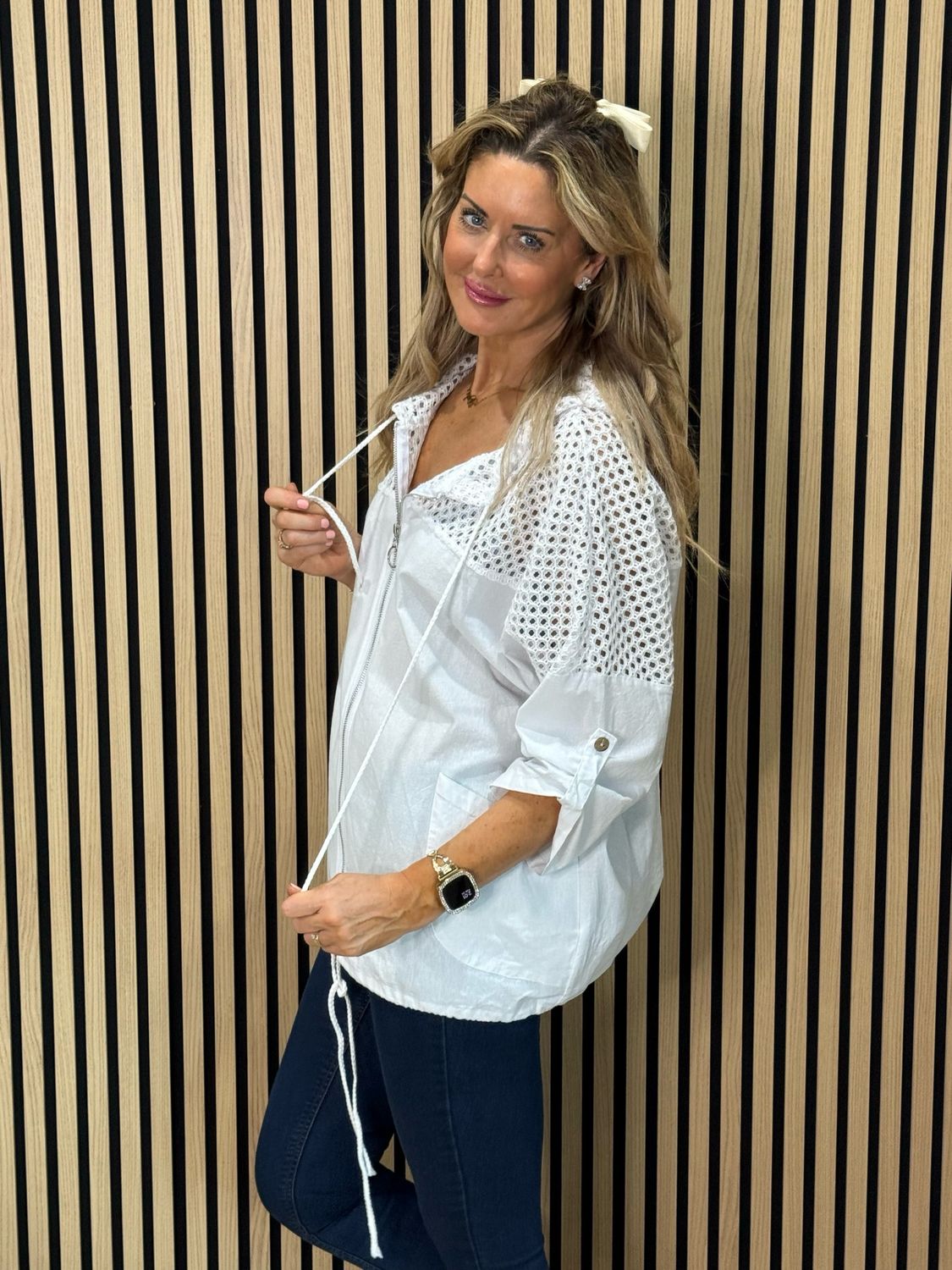 Cara Lace Panel Zip Hoodie - White