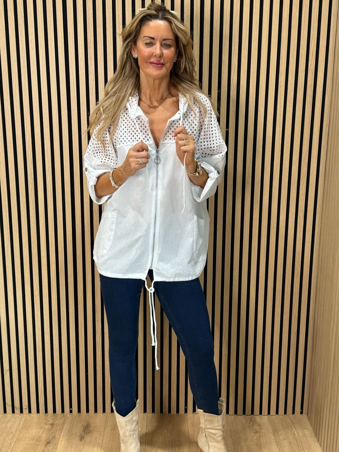 Cara Lace Panel Zip Hoodie - White