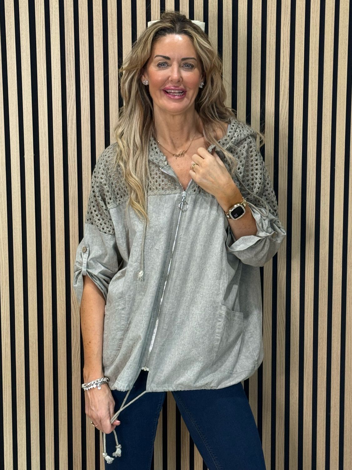 Cara Lace Panel Zip Hoodie - Taupe