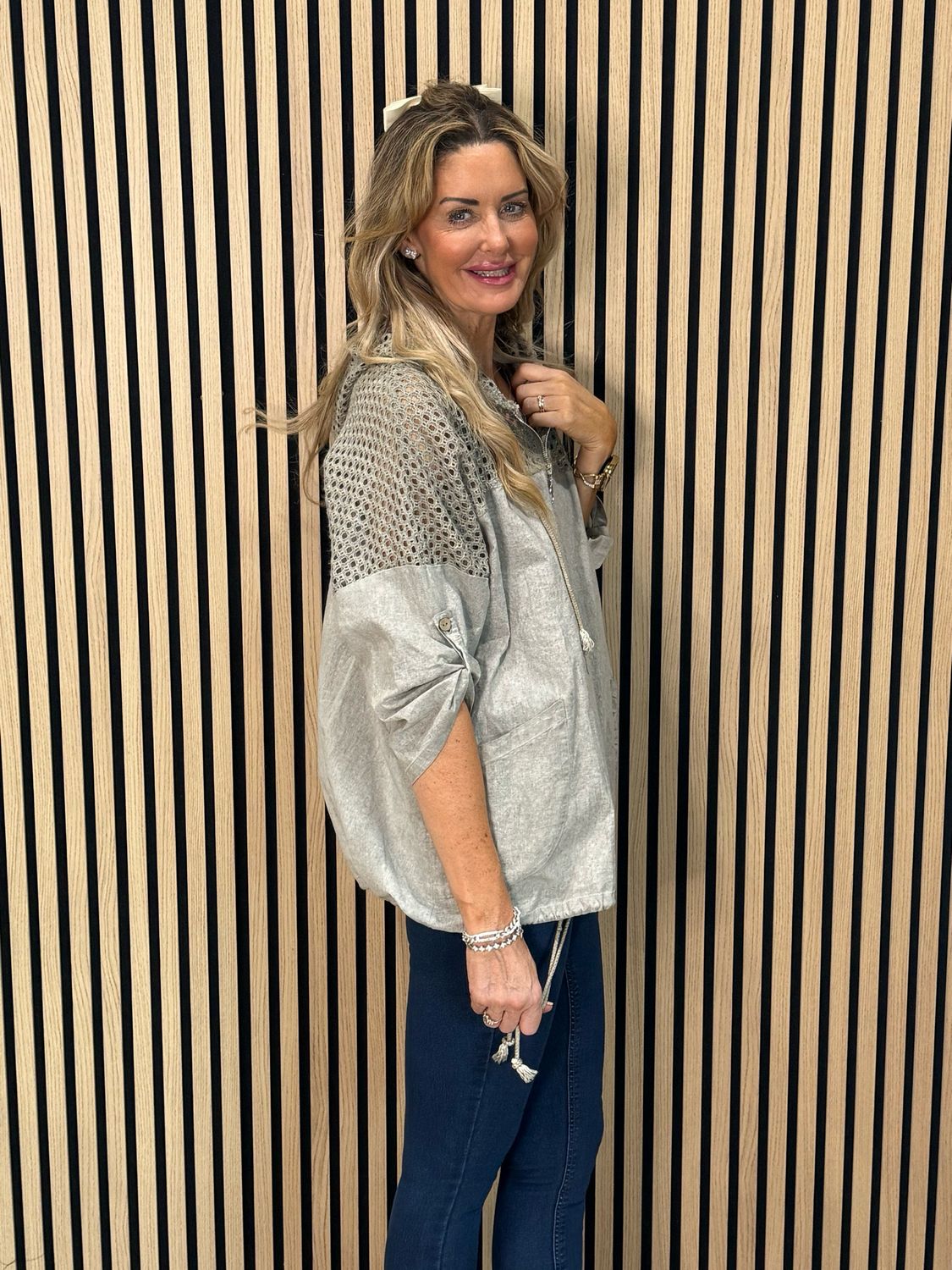 Cara Lace Panel Zip Hoodie - Taupe