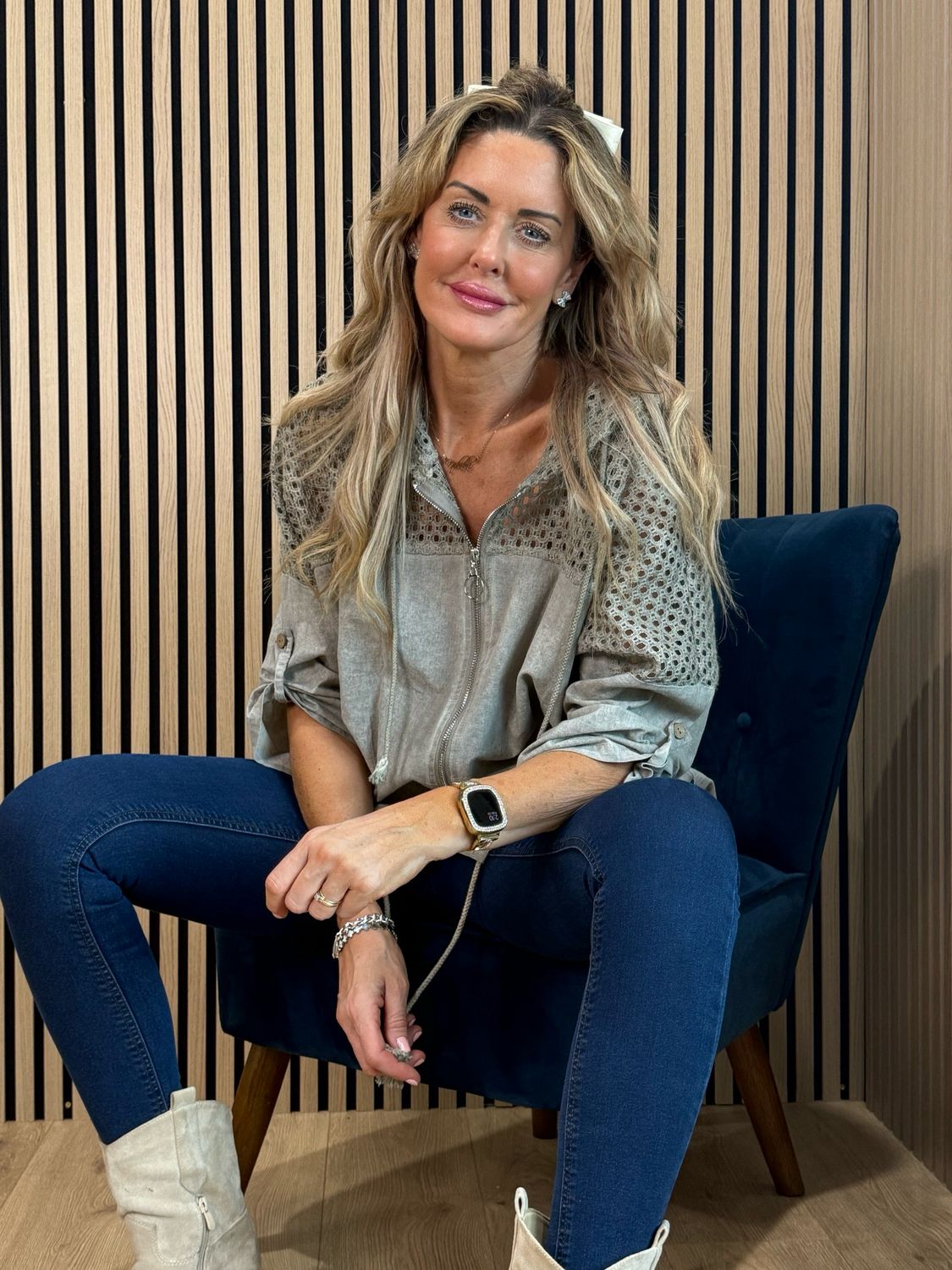 Cara Lace Panel Zip Hoodie - Taupe