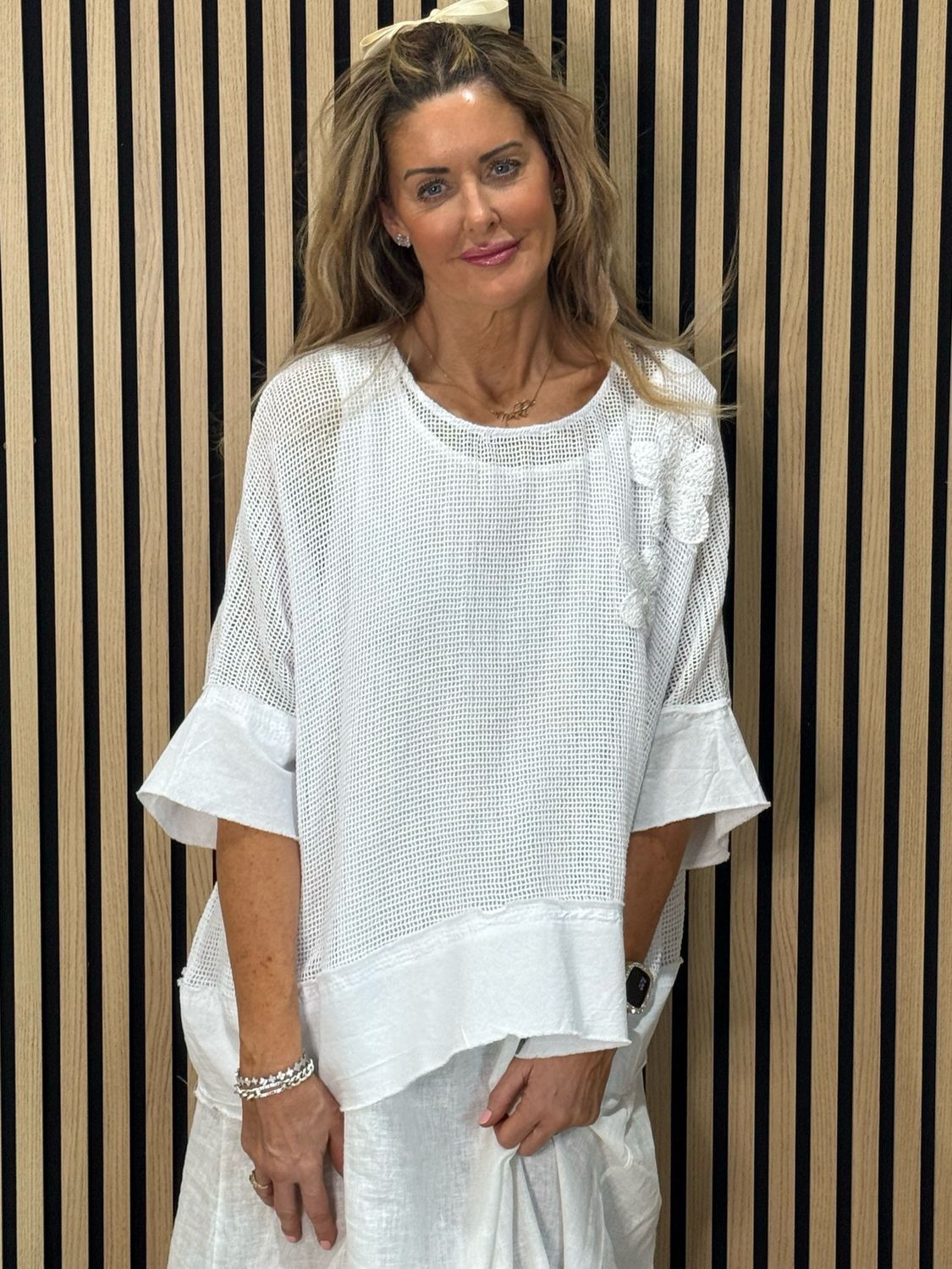 Linen Blend Mesh Top &amp; Dress Set - White