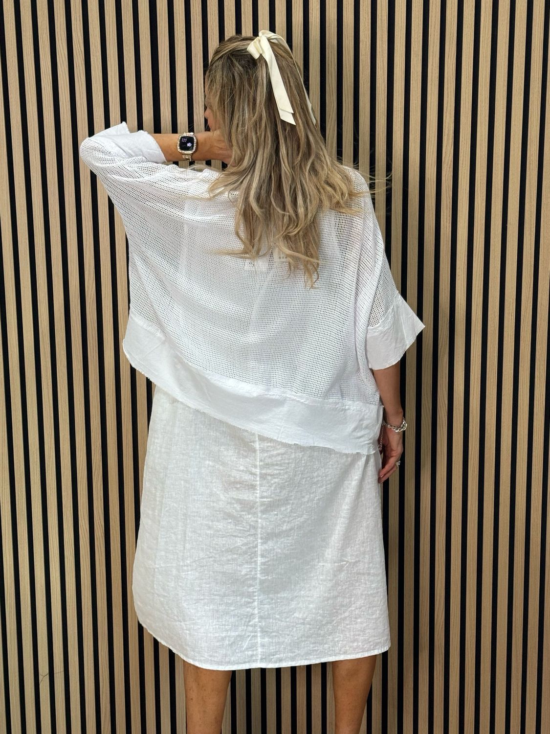 Linen Blend Mesh Top &amp; Dress Set - White