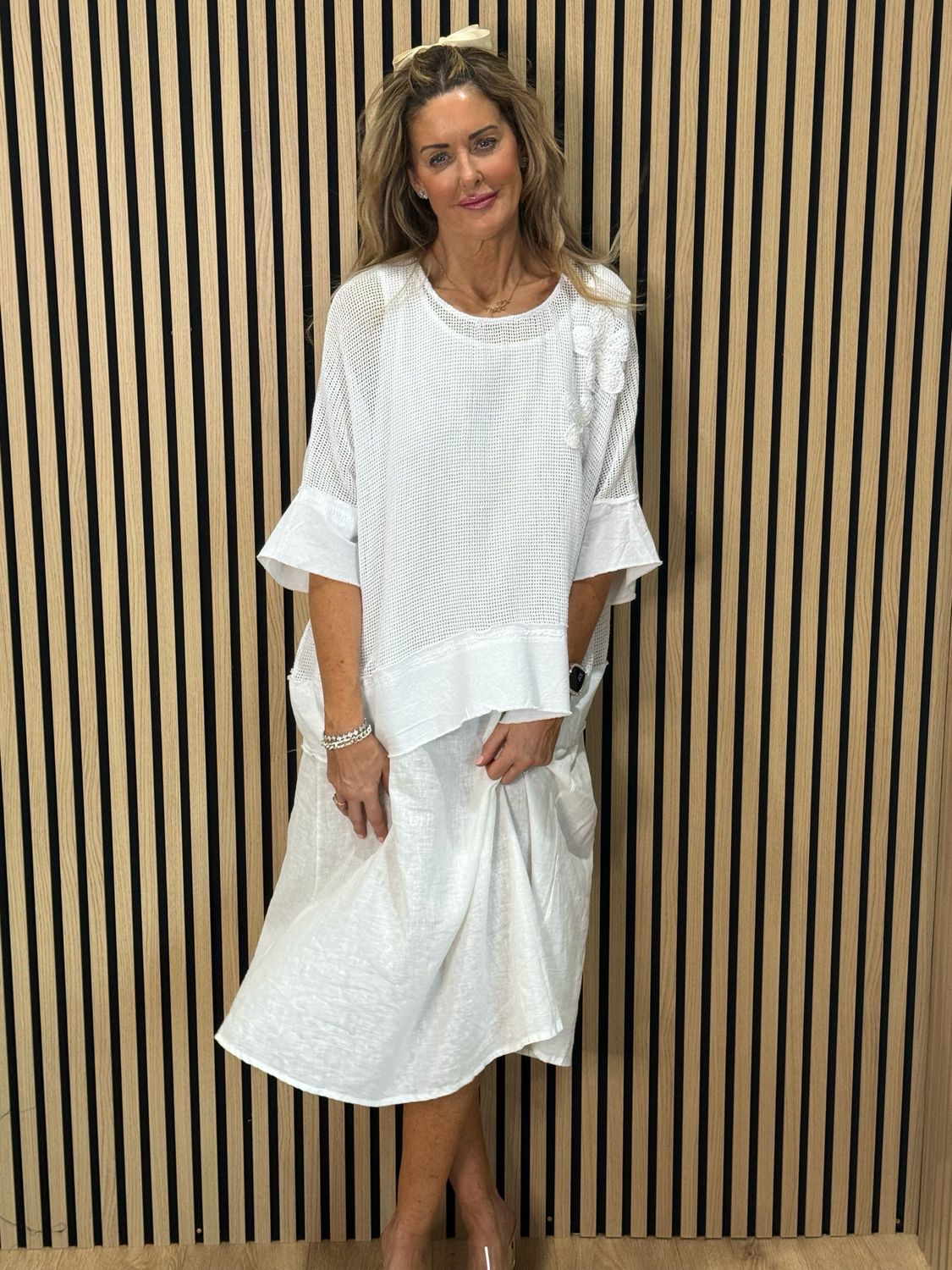 Linen Blend Mesh Top &amp; Dress Set - White