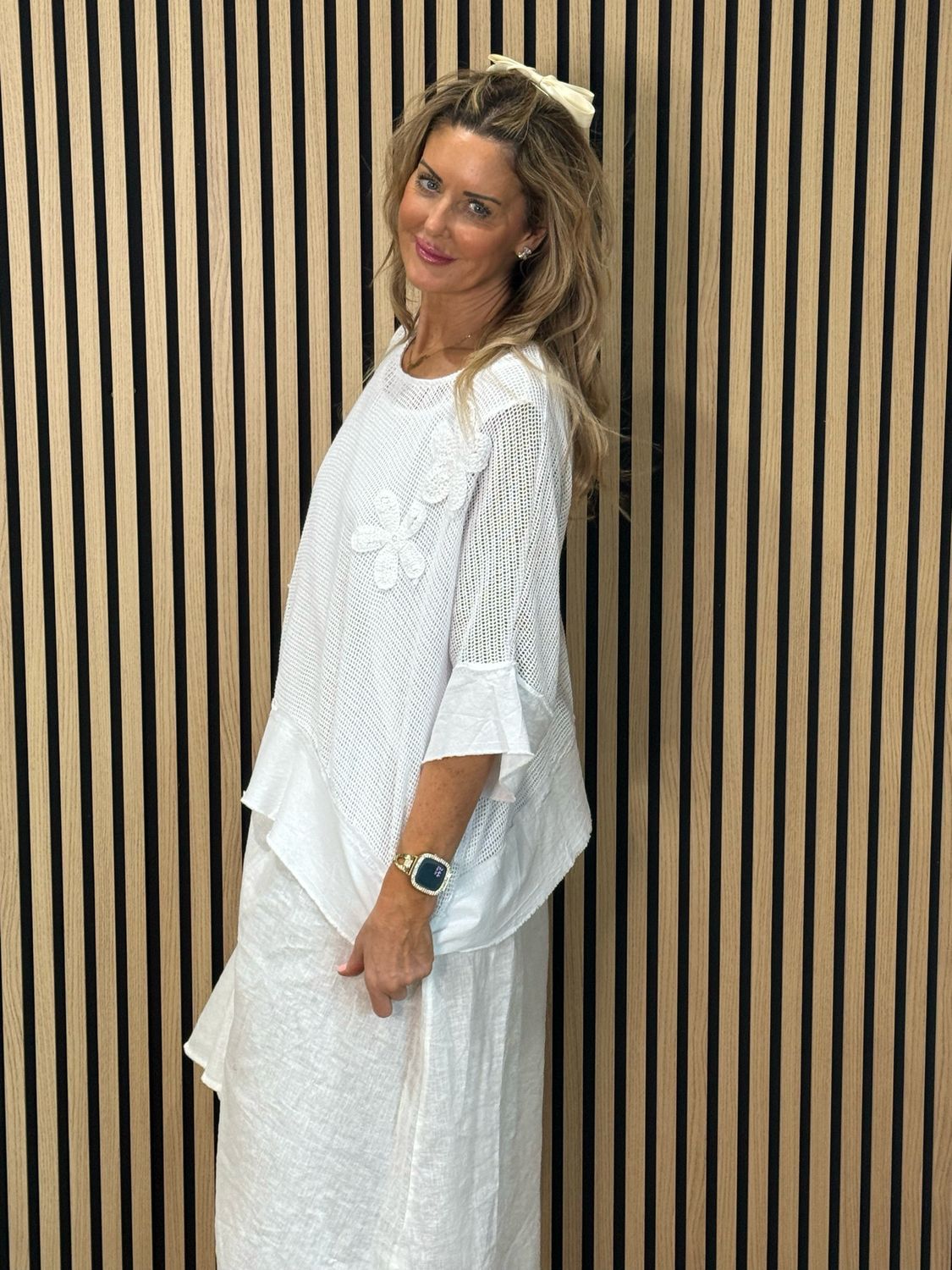 Linen Blend Mesh Top &amp; Dress Set - White