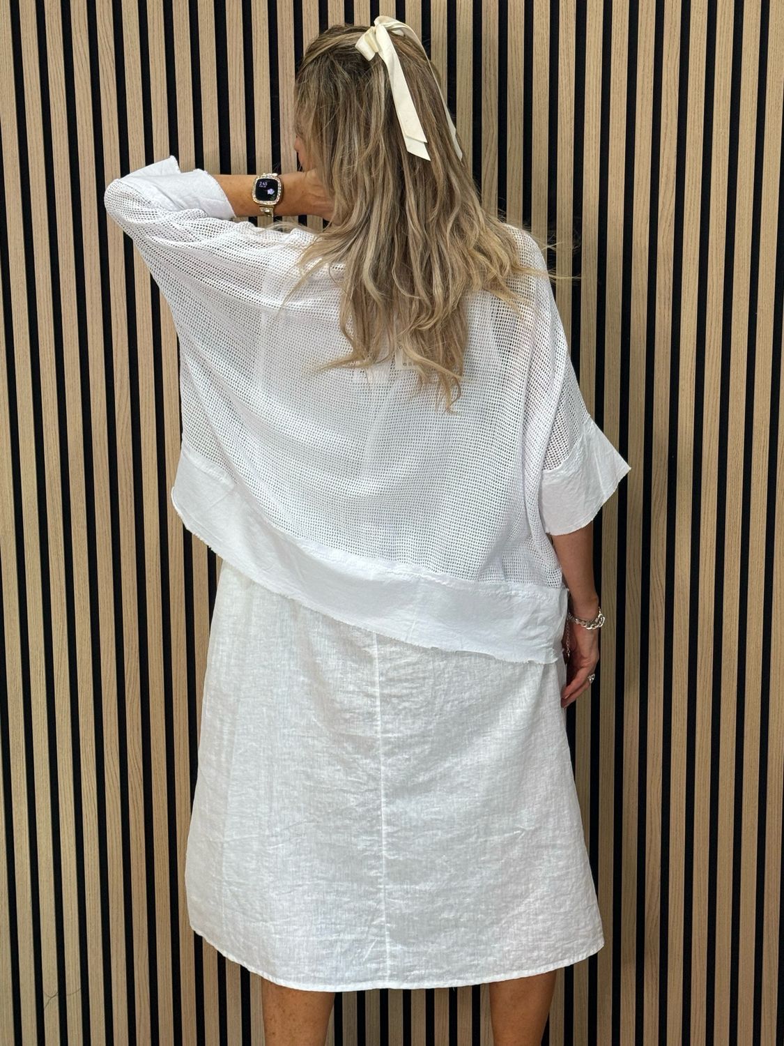 Linen Blend Mesh Top &amp; Dress Set - White