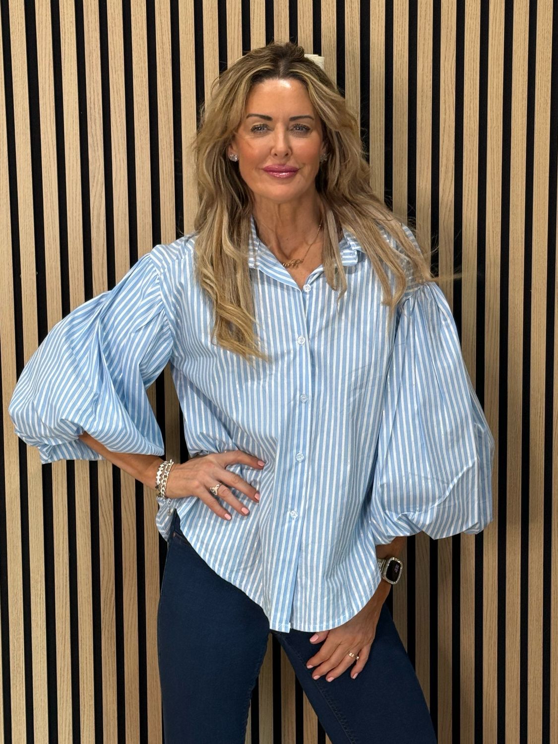 Stripe Balloon Sleeve Shirt - Baby Blue