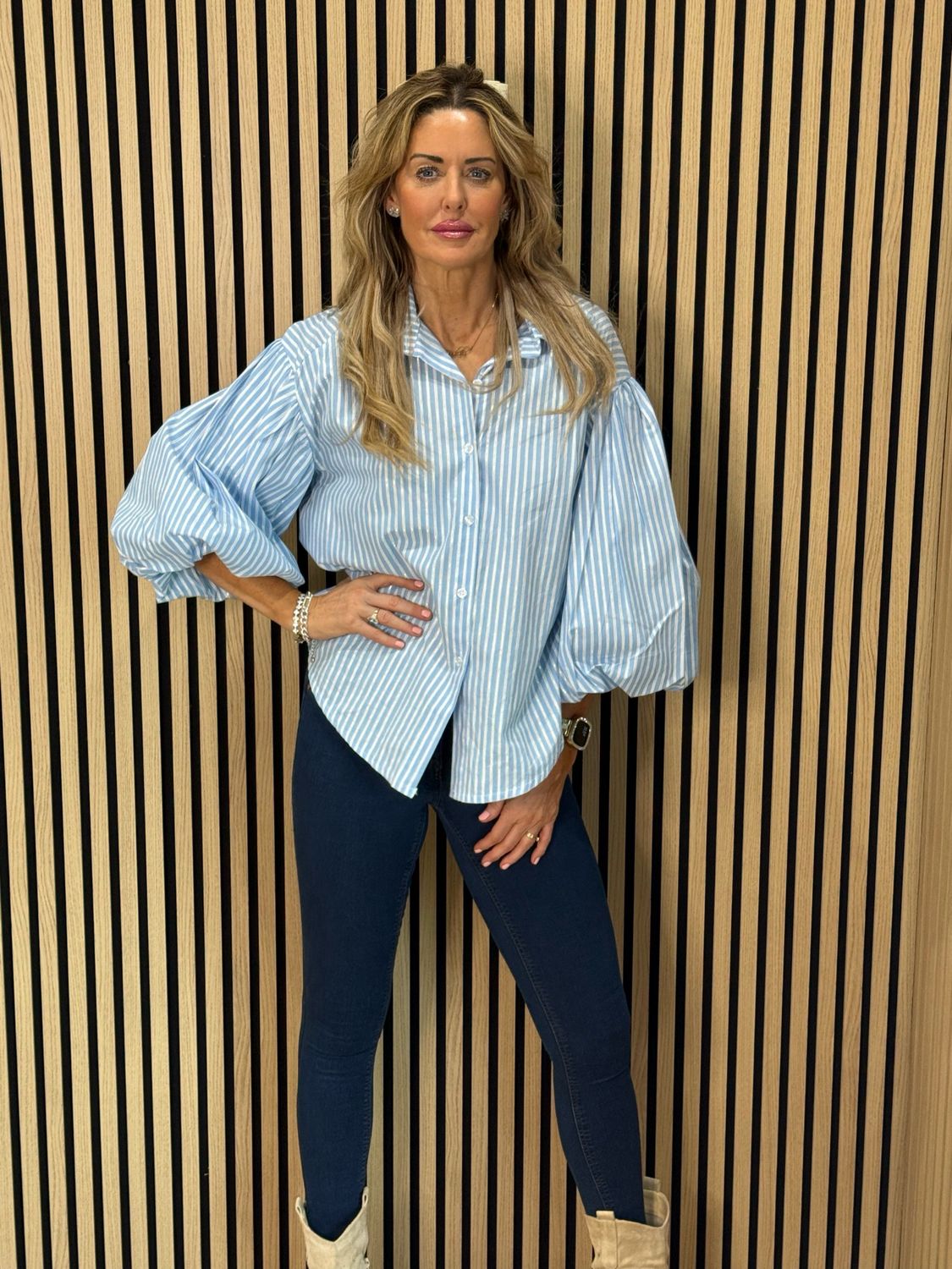 Stripe Balloon Sleeve Shirt - Baby Blue