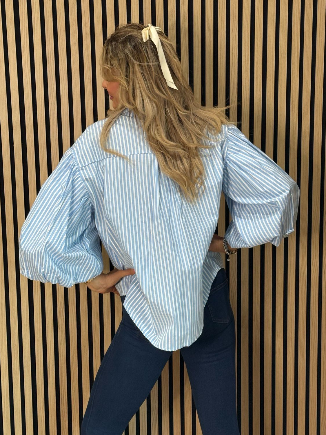 Stripe Balloon Sleeve Shirt - Baby Blue