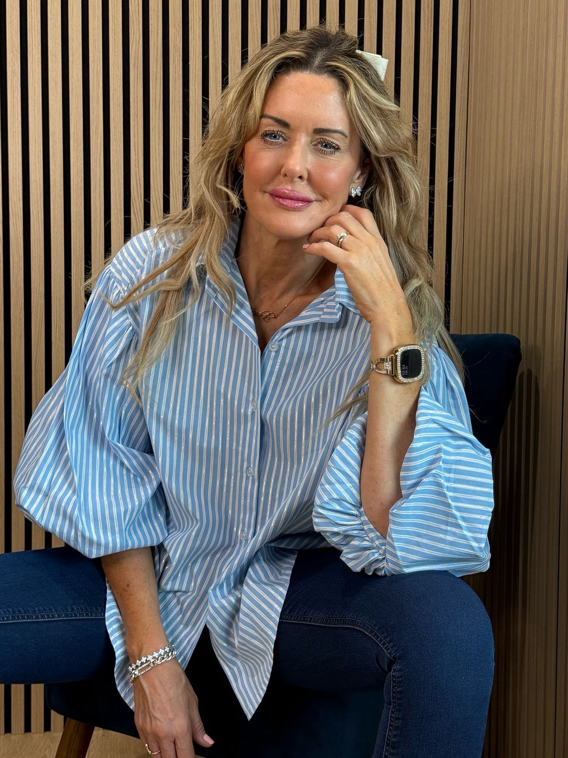 Stripe Balloon Sleeve Shirt - Baby Blue