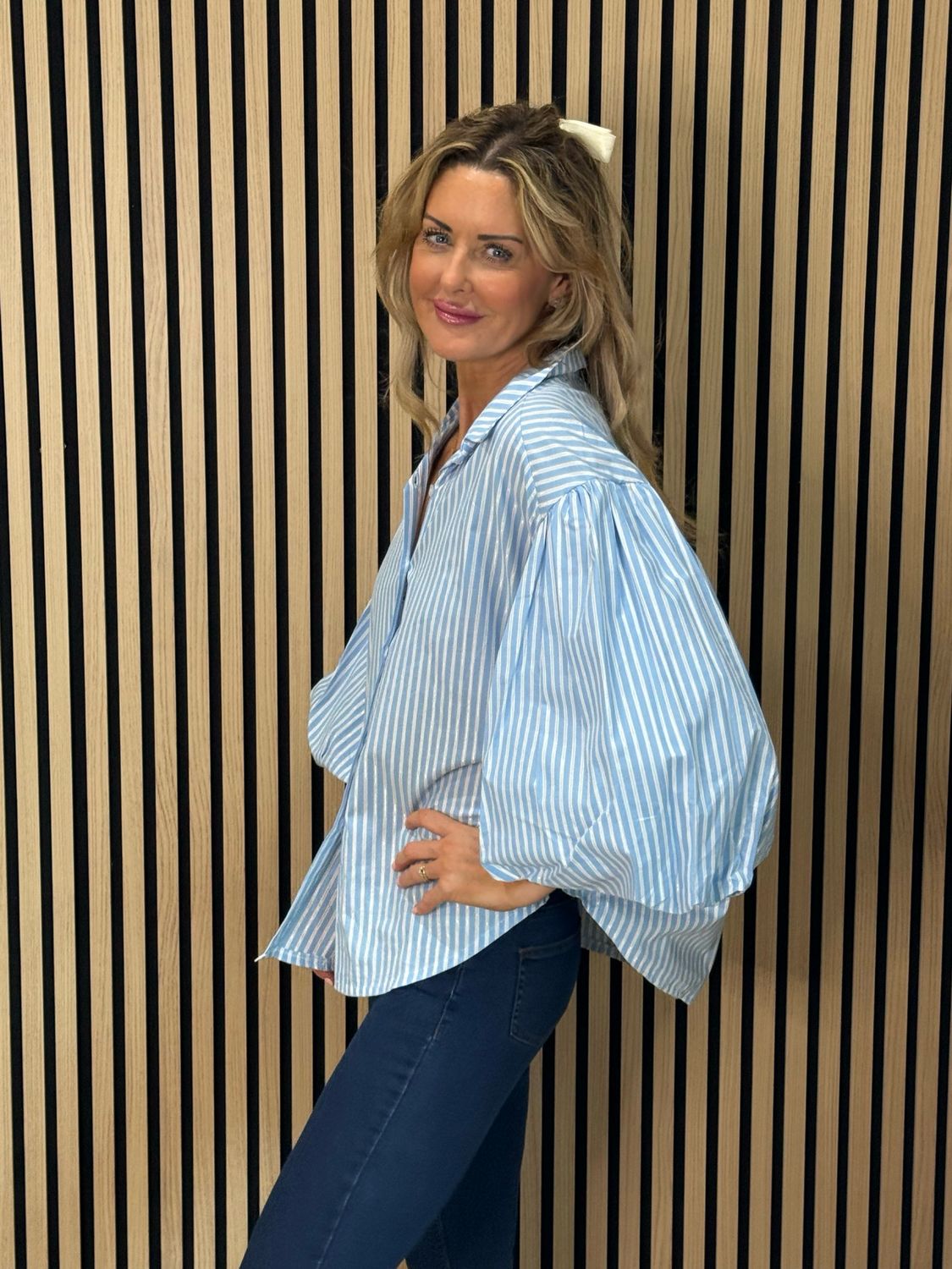 Stripe Balloon Sleeve Shirt - Baby Blue