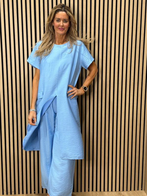 Longline Top &amp; Trouser Suit Set - Sky Blue