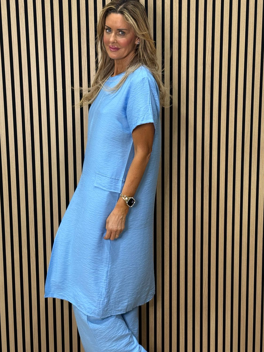 Longline Top &amp; Trouser Suit Set - Sky Blue